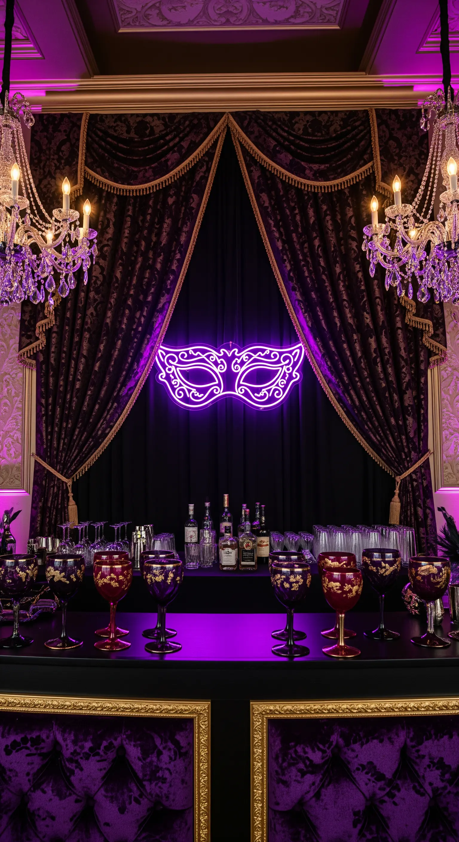 Bar per un ballo in maschera con insegna al neon viola, tendaggi e candelabri di cristallo.