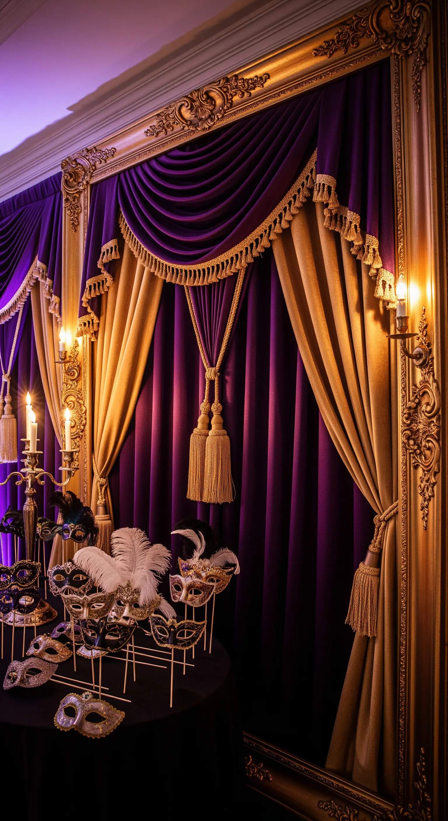 Allestimento per ballo in maschera con tende di velluto viola, cornici dorate e maschere veneziane.