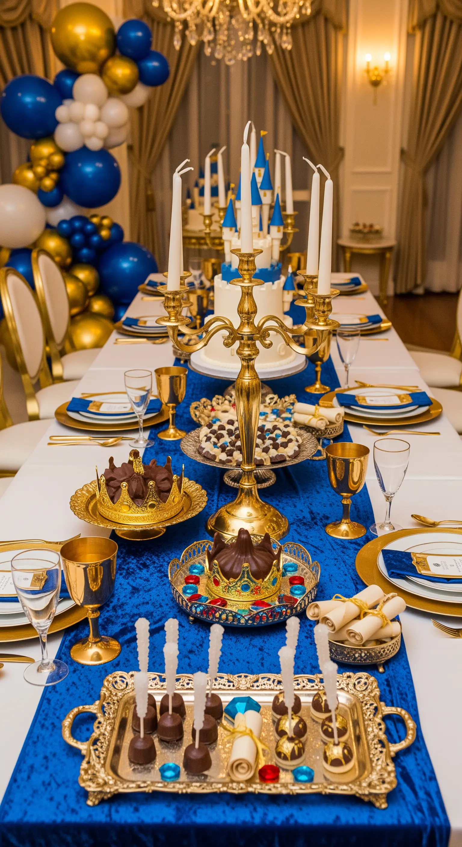 Tavola regale in blu e oro con candelabri, torta a castello e corone di cioccolato.