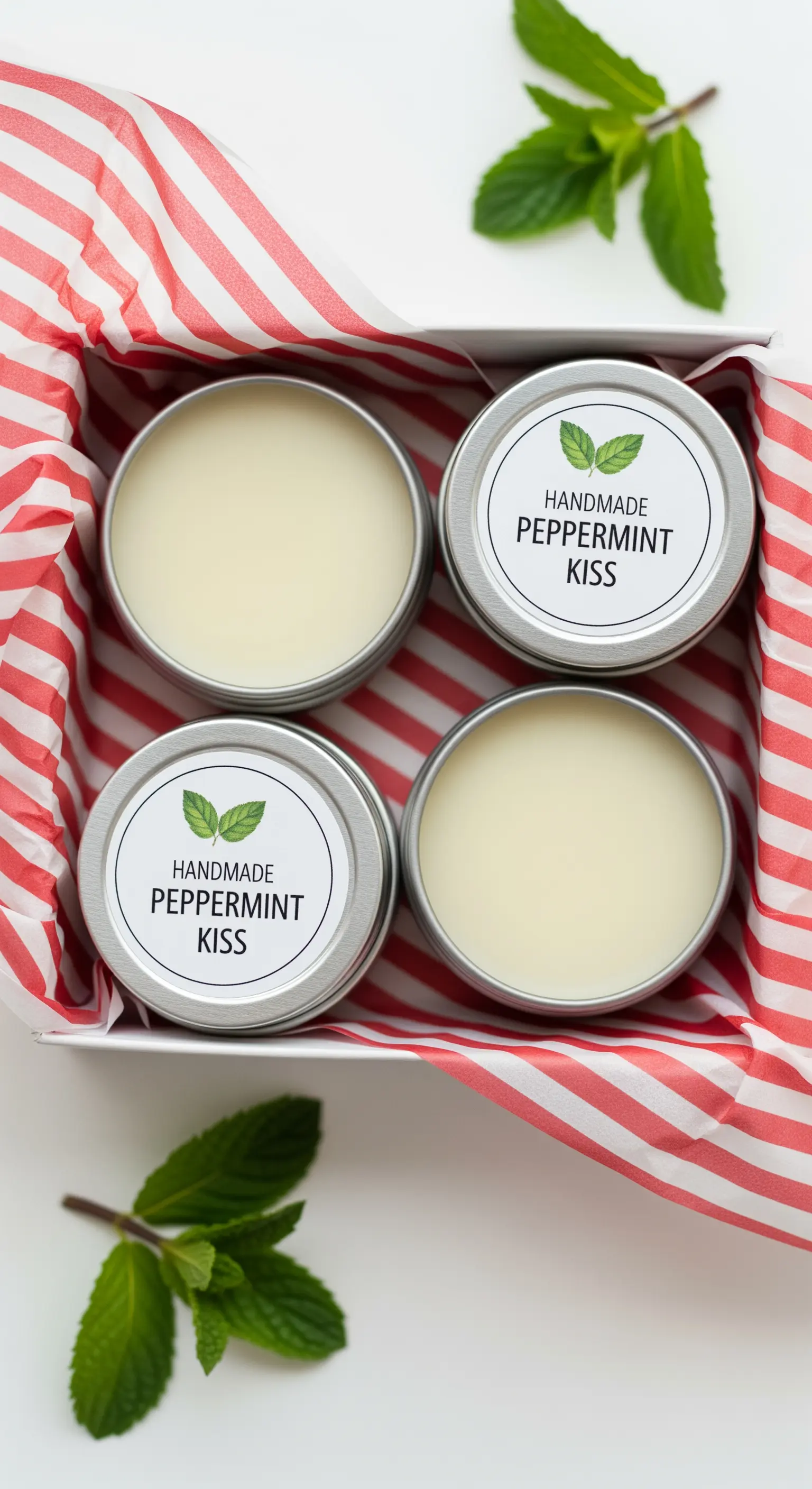 Scatola regalo con quattro barattolini di balsamo labbra alla menta fatto in casa.