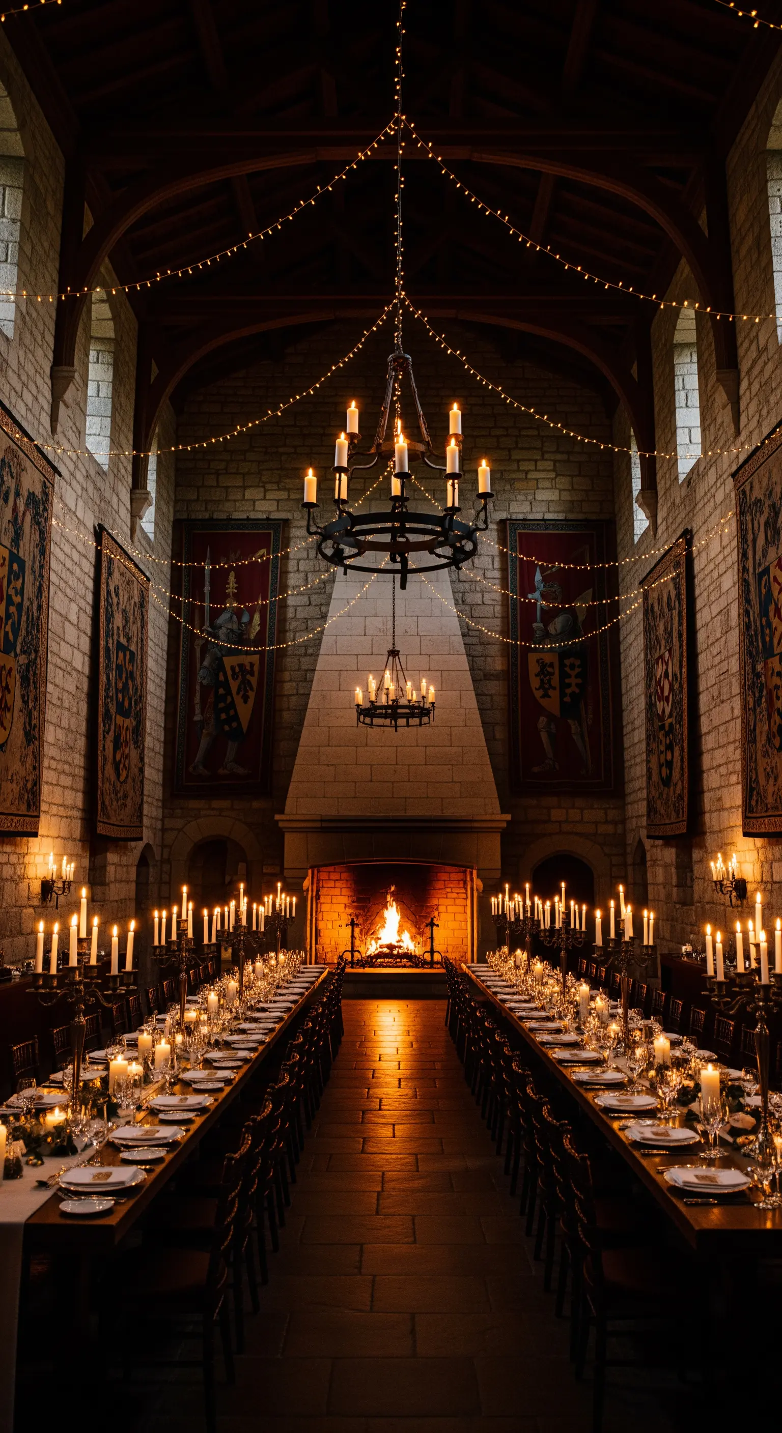 Sala in stile castello con un grande camino e tavoli illuminati da candele.