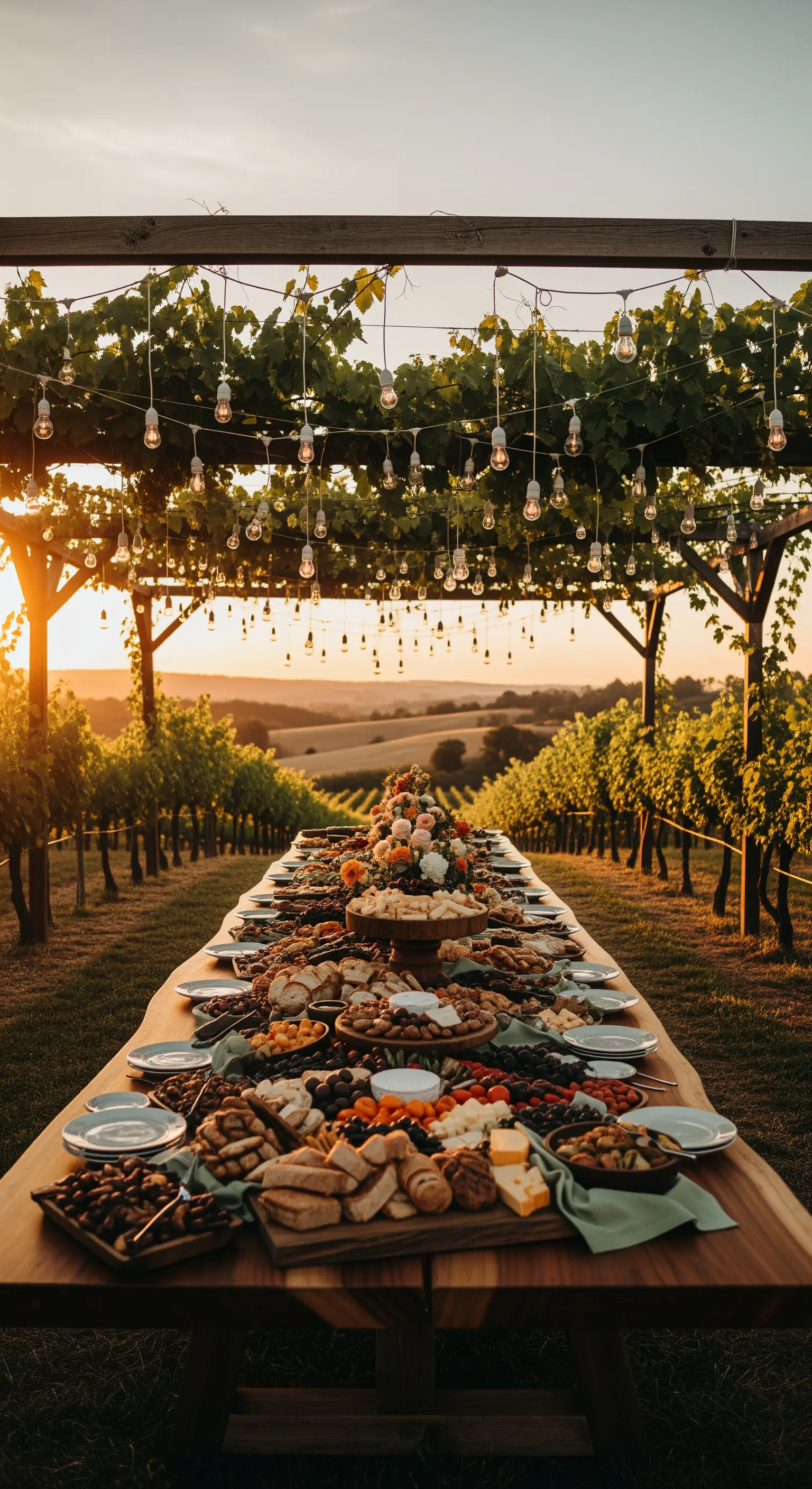 Tavola imbandita in un vigneto al tramonto, con lucine appese a un pergolato.