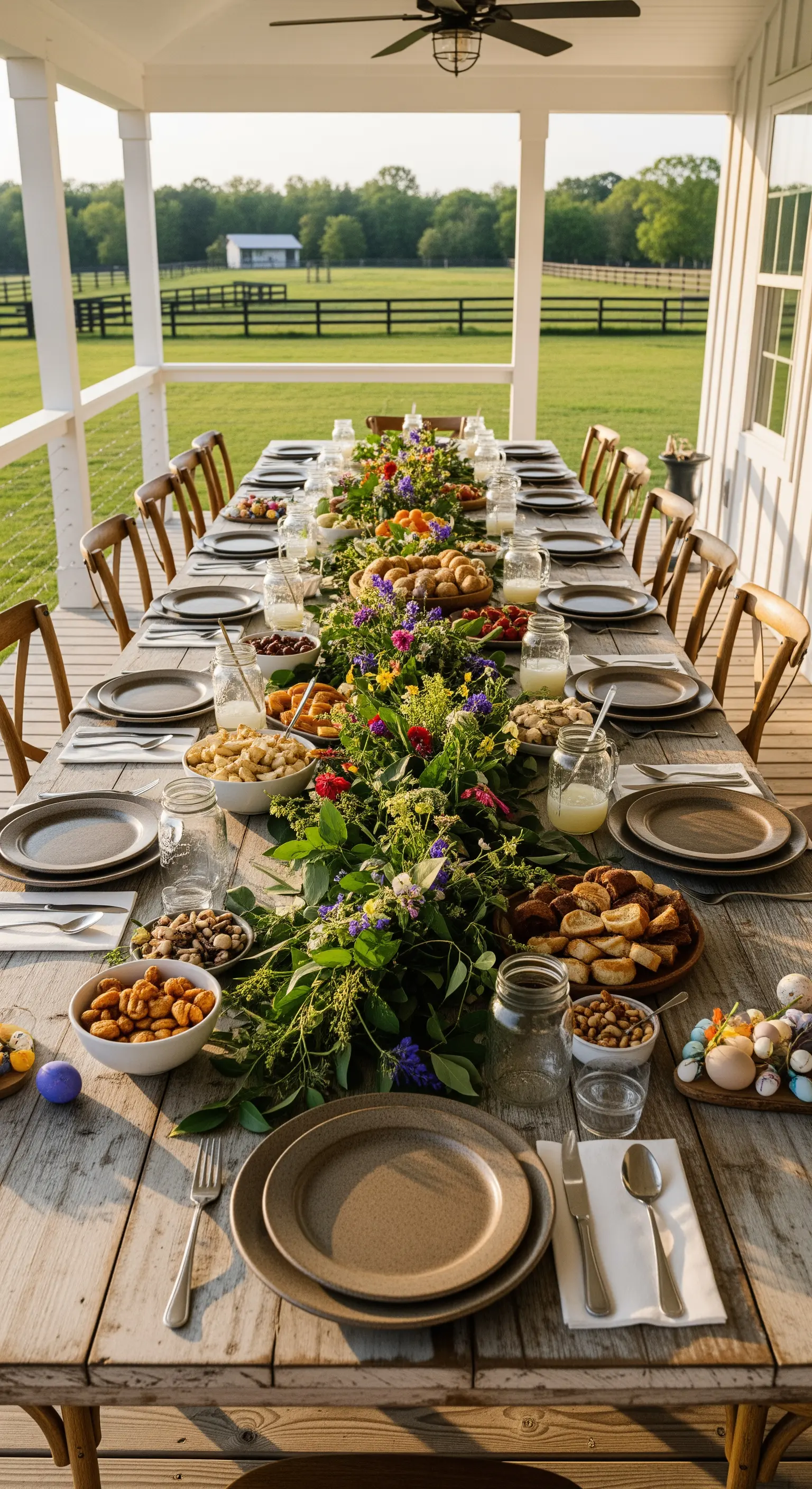 Lunga tavola in legno su una veranda con una ghirlanda di fiori e ciotole di cibo