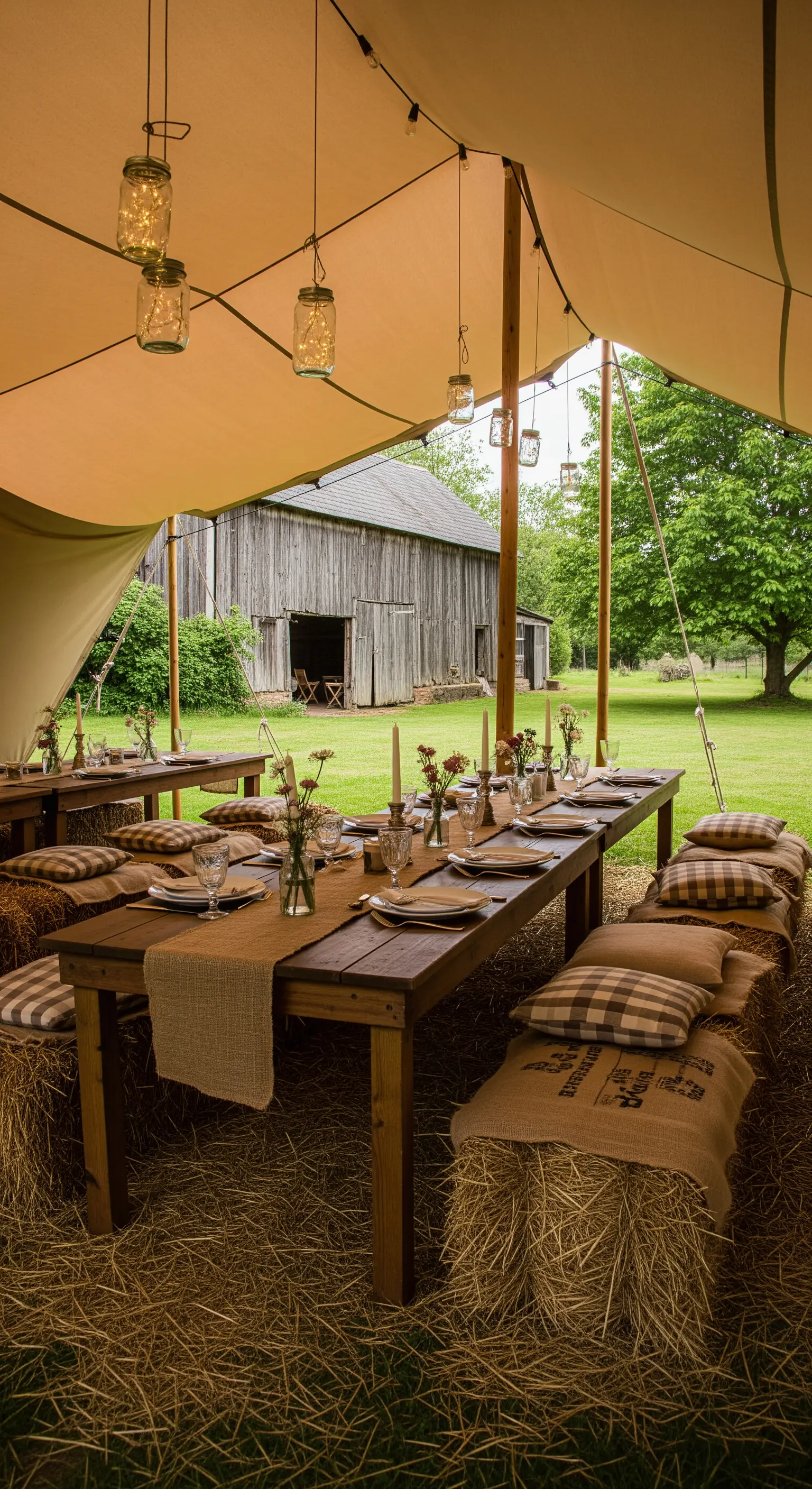 Tavolata rustica sotto una tenda con panche fatte di balle di fieno e cuscini a quadretti.