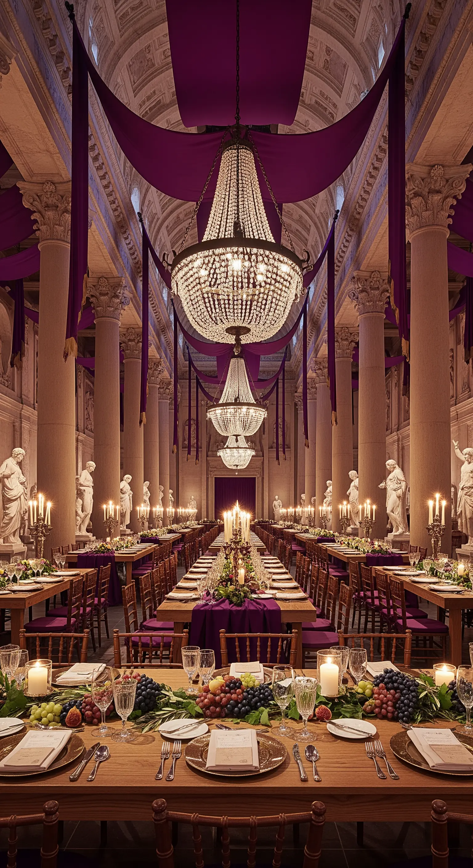 Lungo salone con colonne, statue, tavoli imperiali e grandi chandelier decorati con drappi viola.