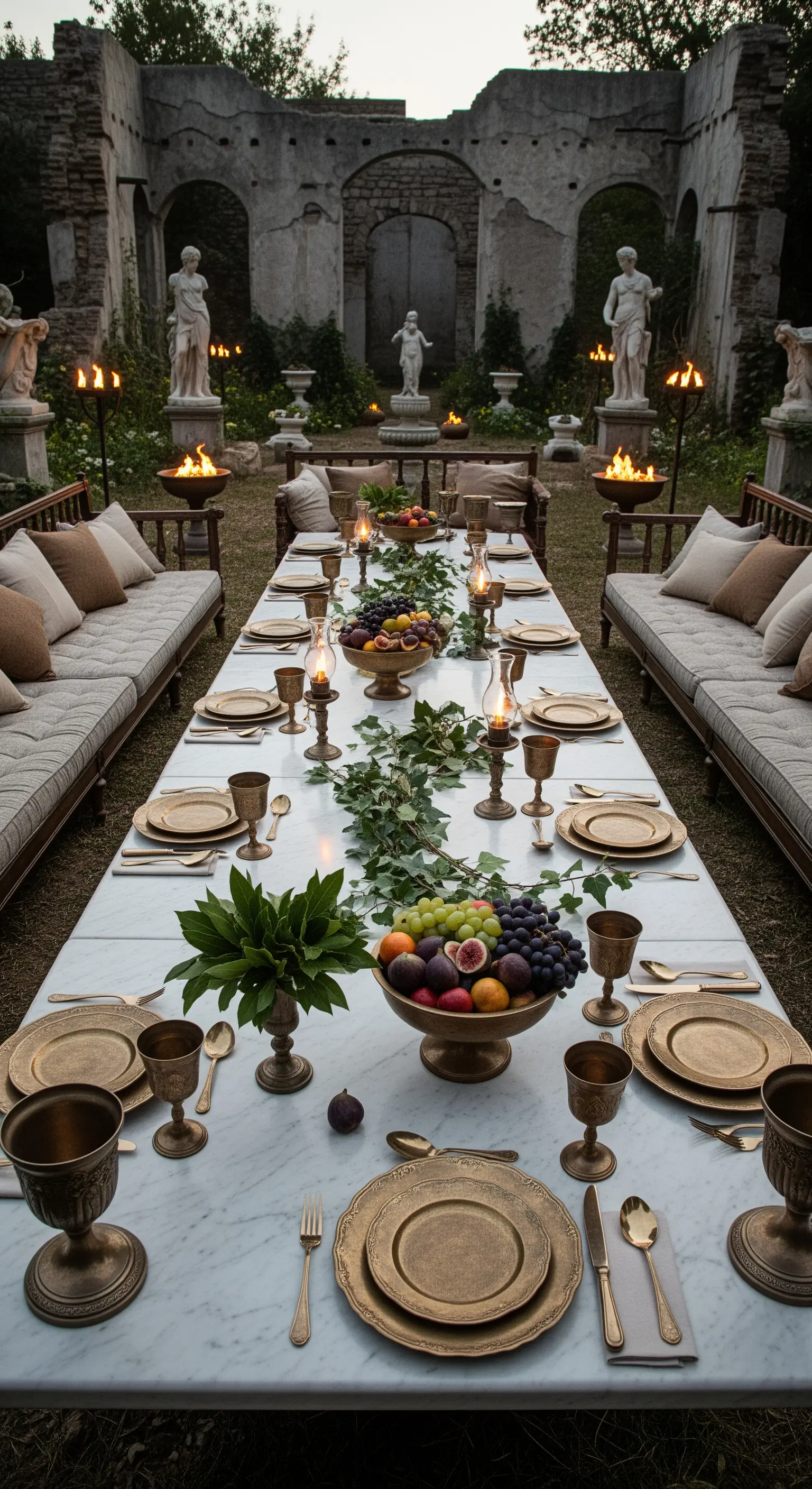 Tavolata sontuosa in un cortile con rovine, con tavolo in marmo e coppe di bronzo.