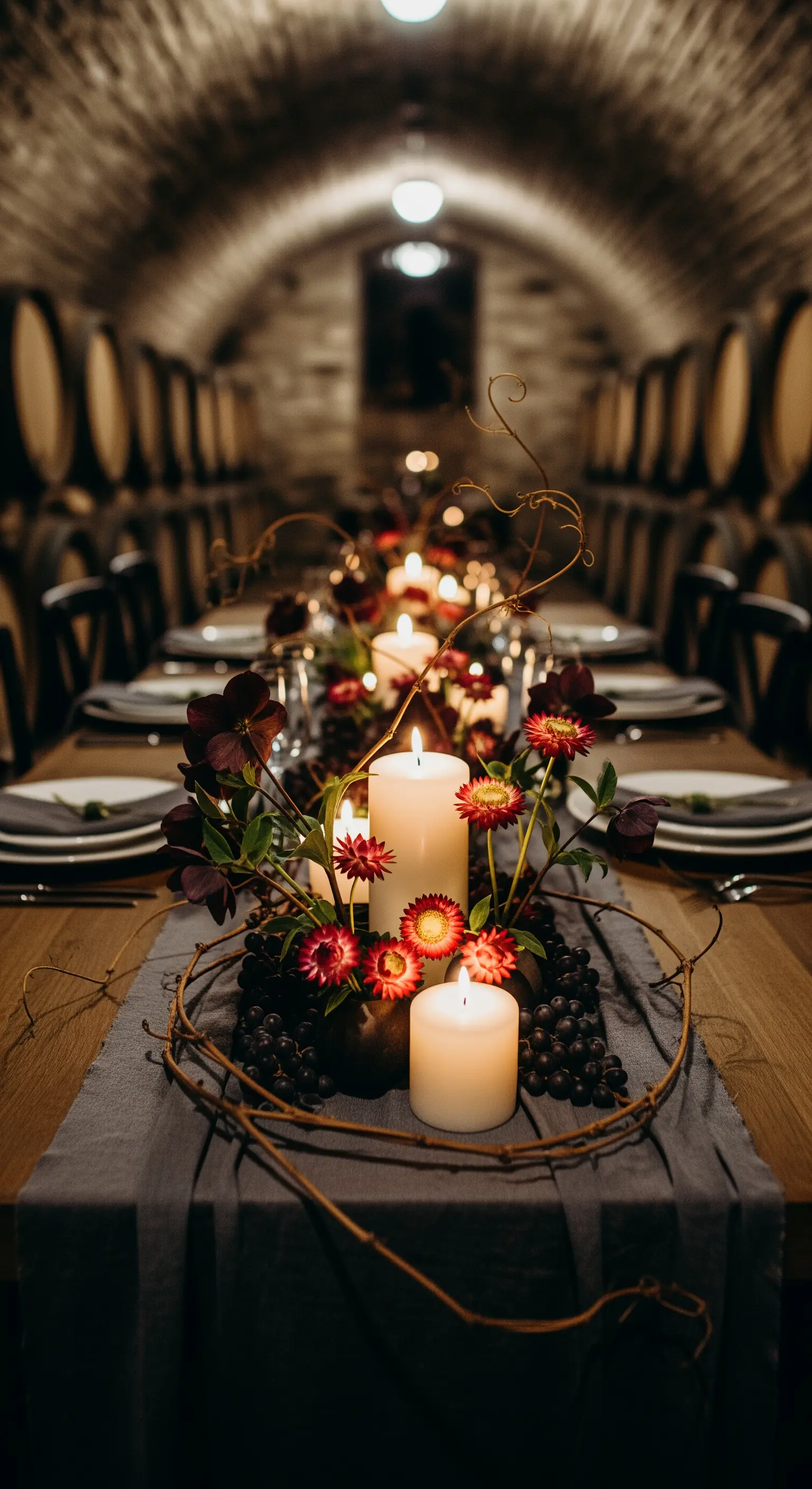 Tavolo in una cantina con centrotavola di fiori, uva e candele.