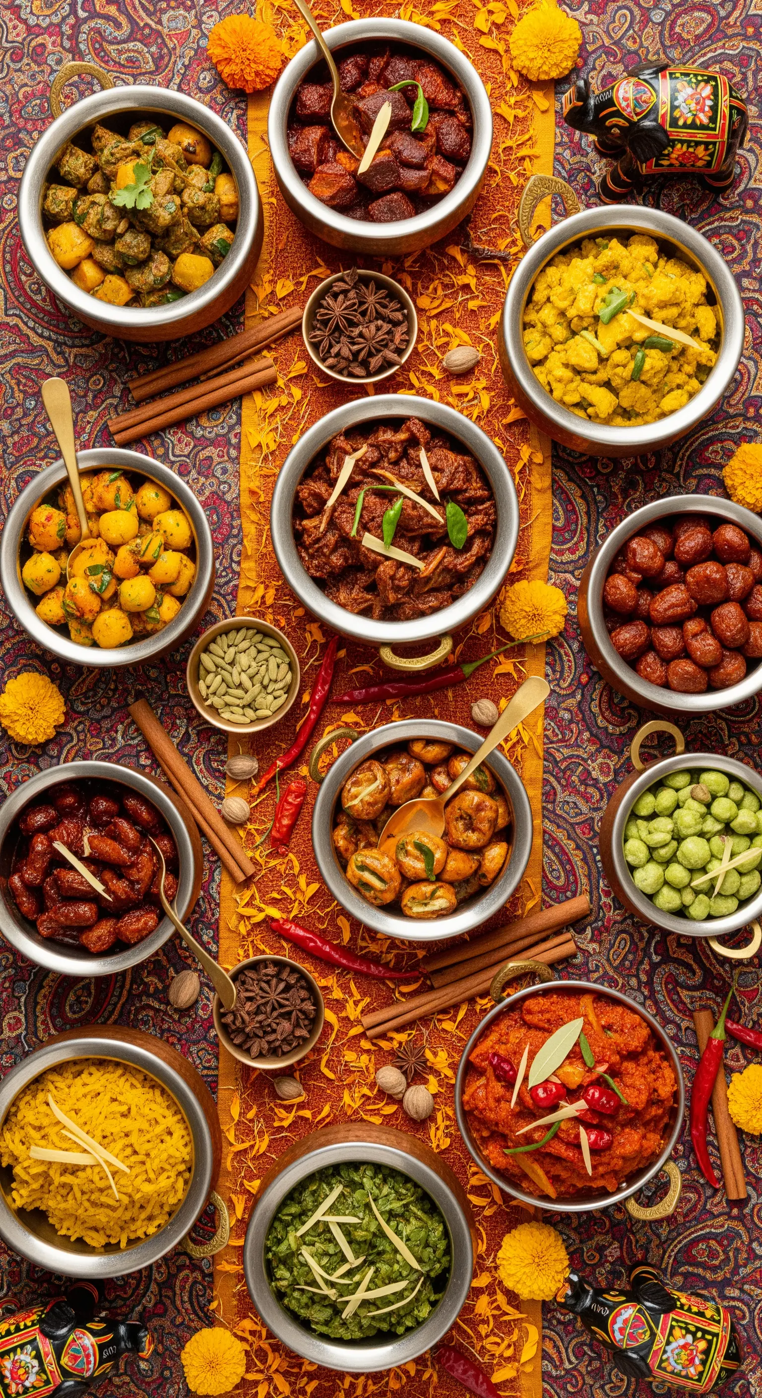 Tavola imbandita con una varietà di piatti della cucina indiana in ciotole metalliche.