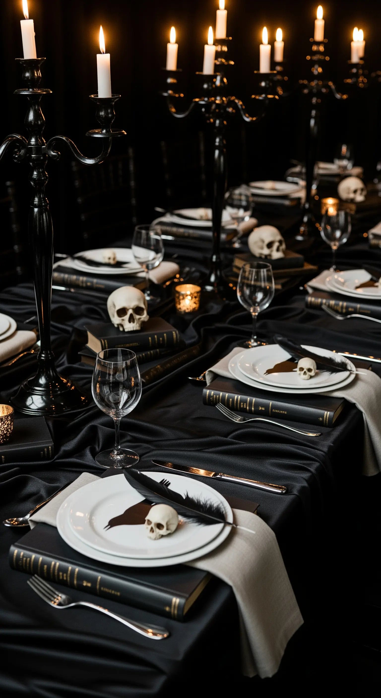 Tavola gotica con libri, piume di corvo e teschi su una tovaglia nera.