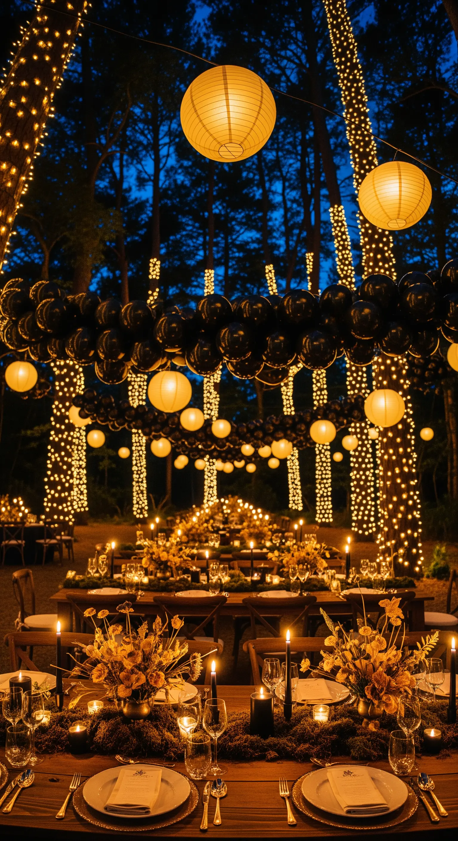 Ricevimento nuziale notturno in un bosco con alberi illuminati e ghirlande di palloncini.