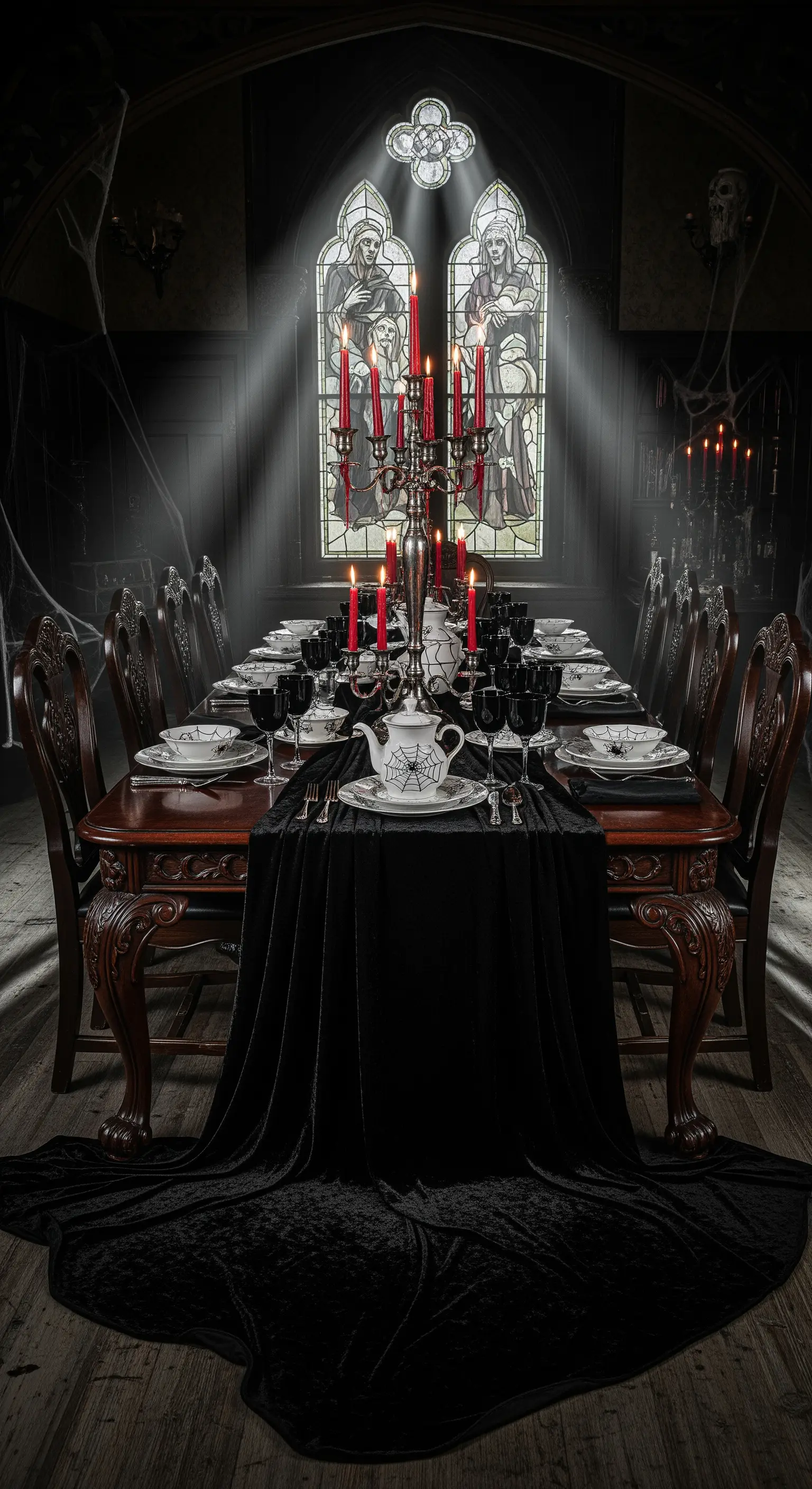 Tavola da pranzo gotica con tovaglia in velluto nero, candelabro e candele rosse.