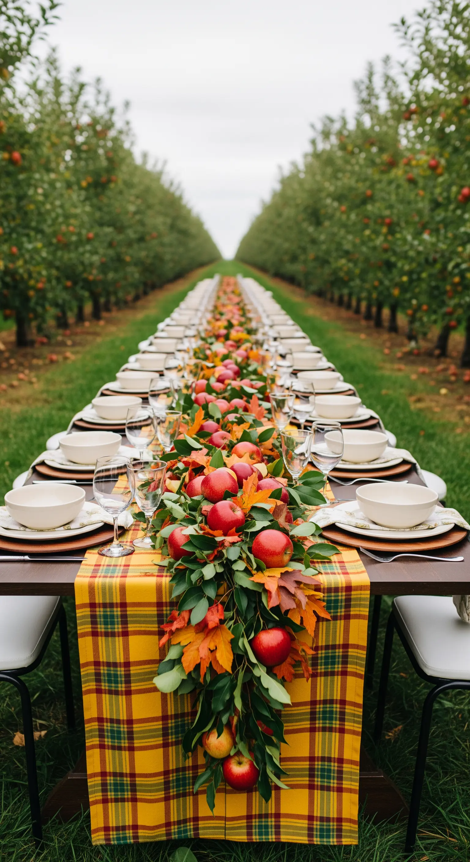 Lungo tavolo in un frutteto con runner tartan giallo e una ghirlanda di mele e foglie.