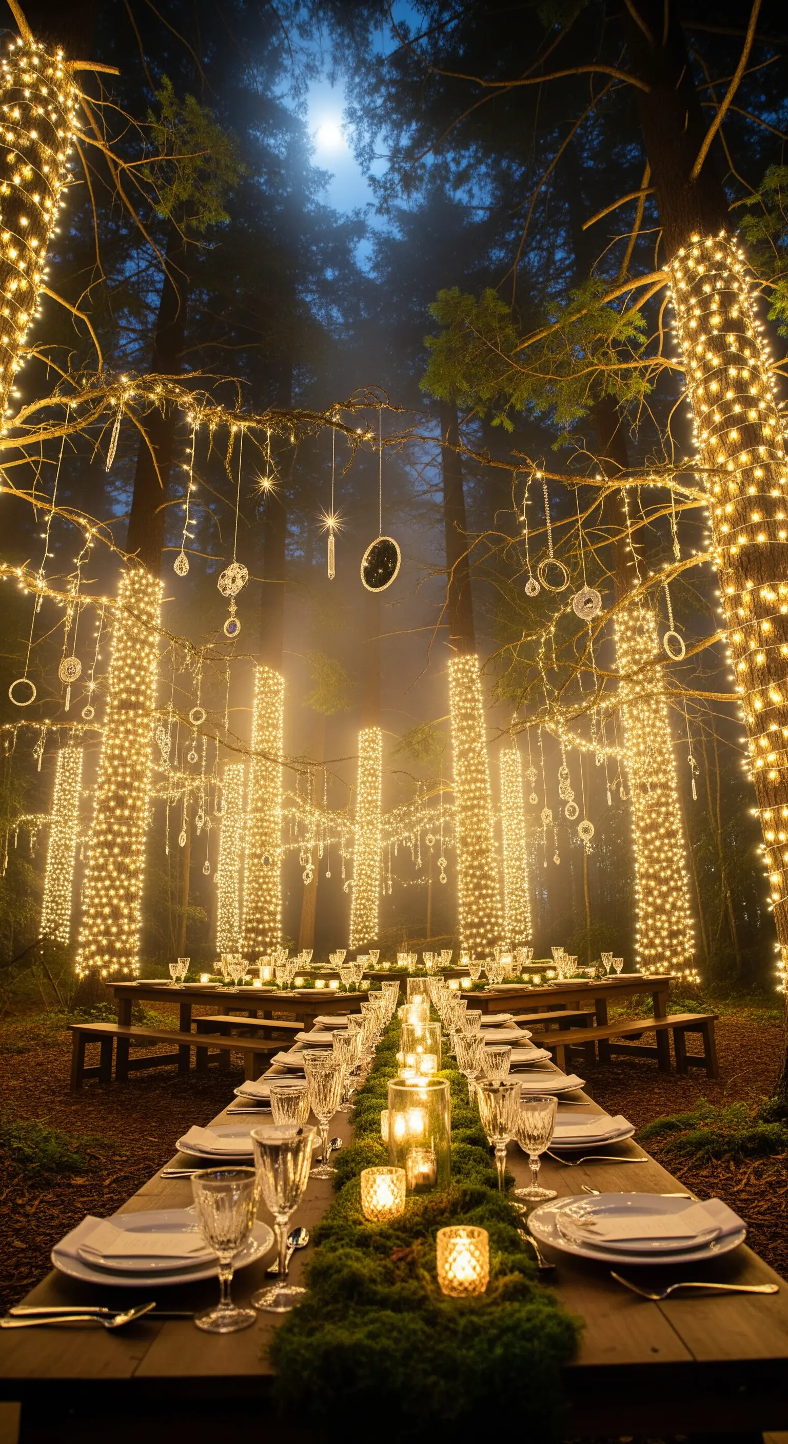 Tavolata in una foresta di notte, con alberi avvolti da lucine calde e decorazioni sospese.