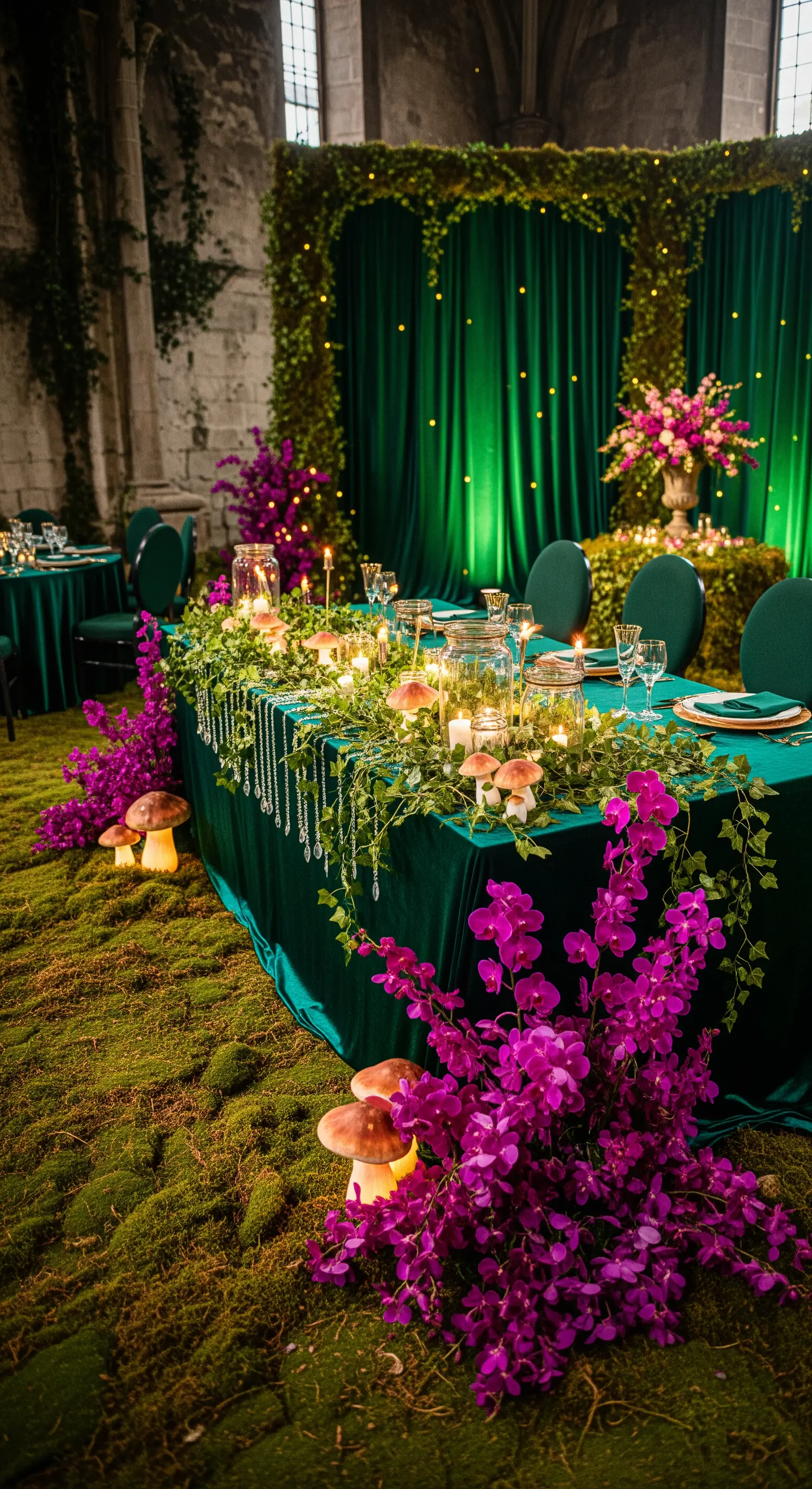 Tavolo verde smeraldo in un'ambientazione boschiva con muschio, funghi luminosi e orchidee.
