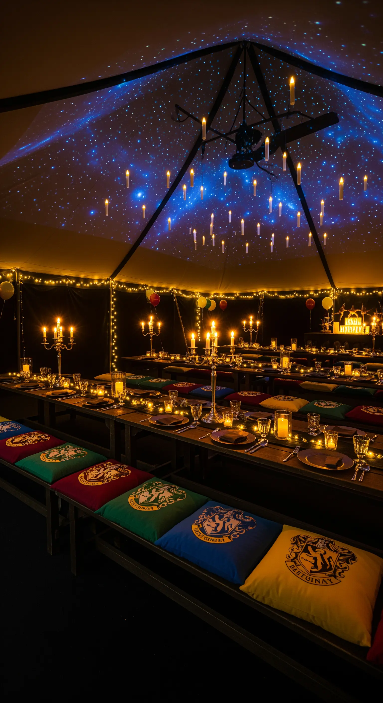 Allestimento a tema Harry Potter con lunghe tavolate, candele fluttuanti e cuscini delle casate.