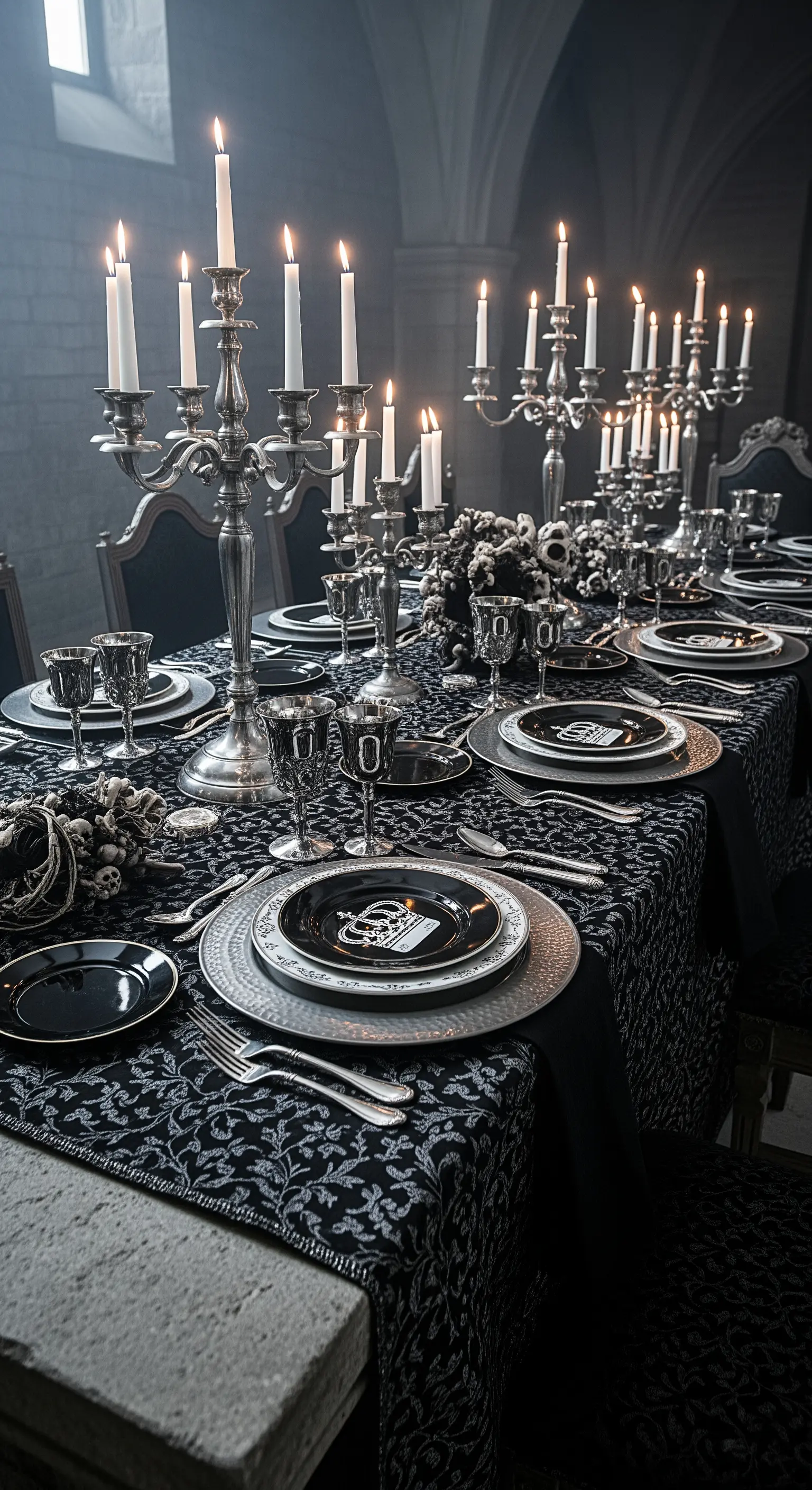 Lunga tavolata gotica con tovaglia damascata, candelabri d'argento e calici di cristallo.