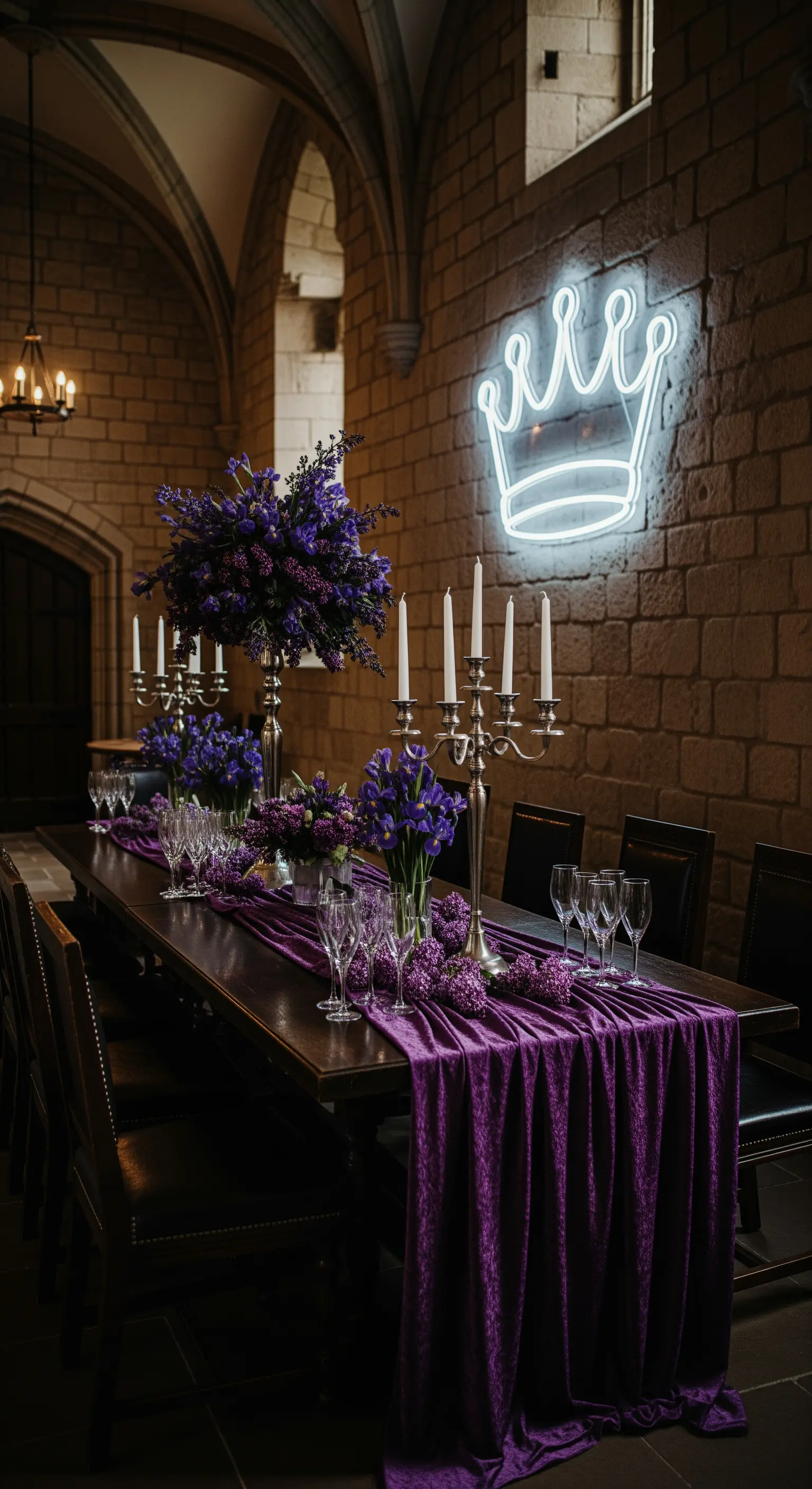 Lunga tavola con runner in velluto viola, candelabri e un'insegna a corona al neon.