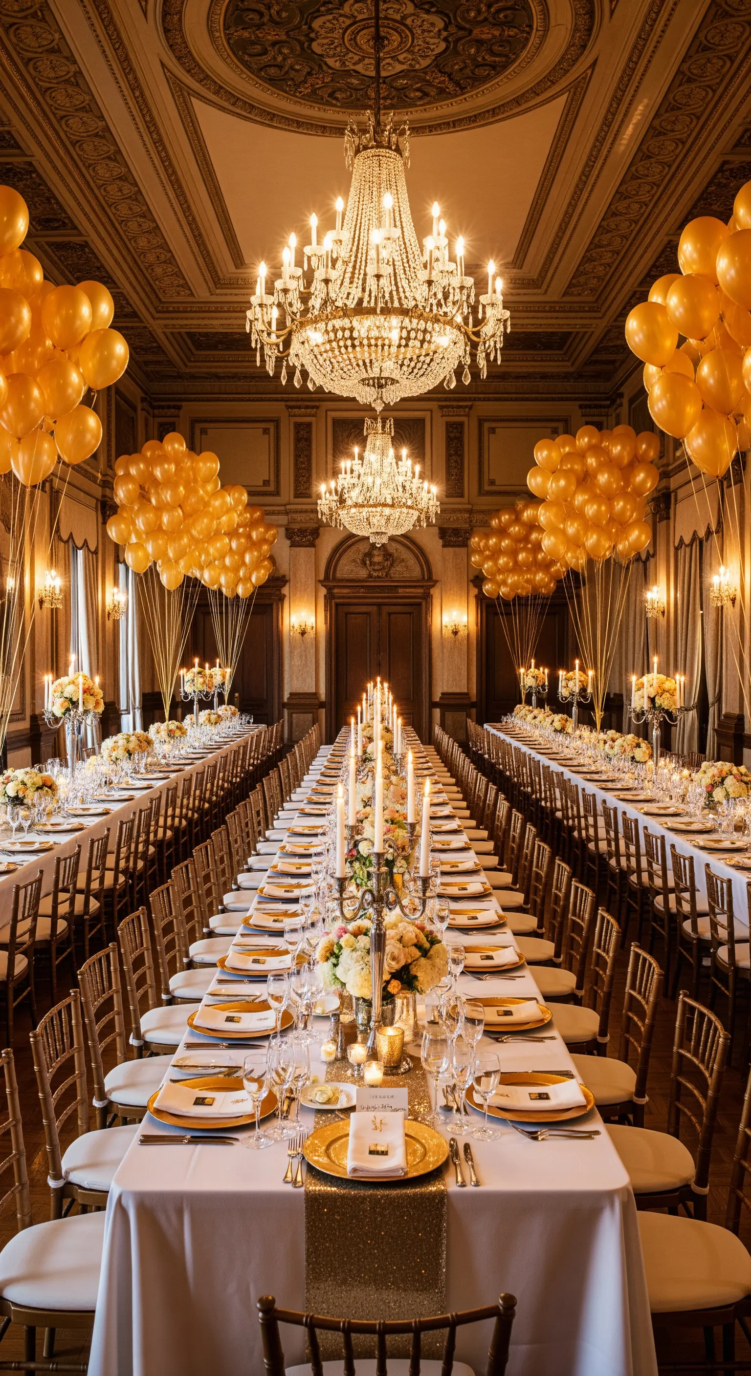 Sala da ballo con lunghissime tavolate, lampadari di cristallo e bouquet di palloncini dorati.