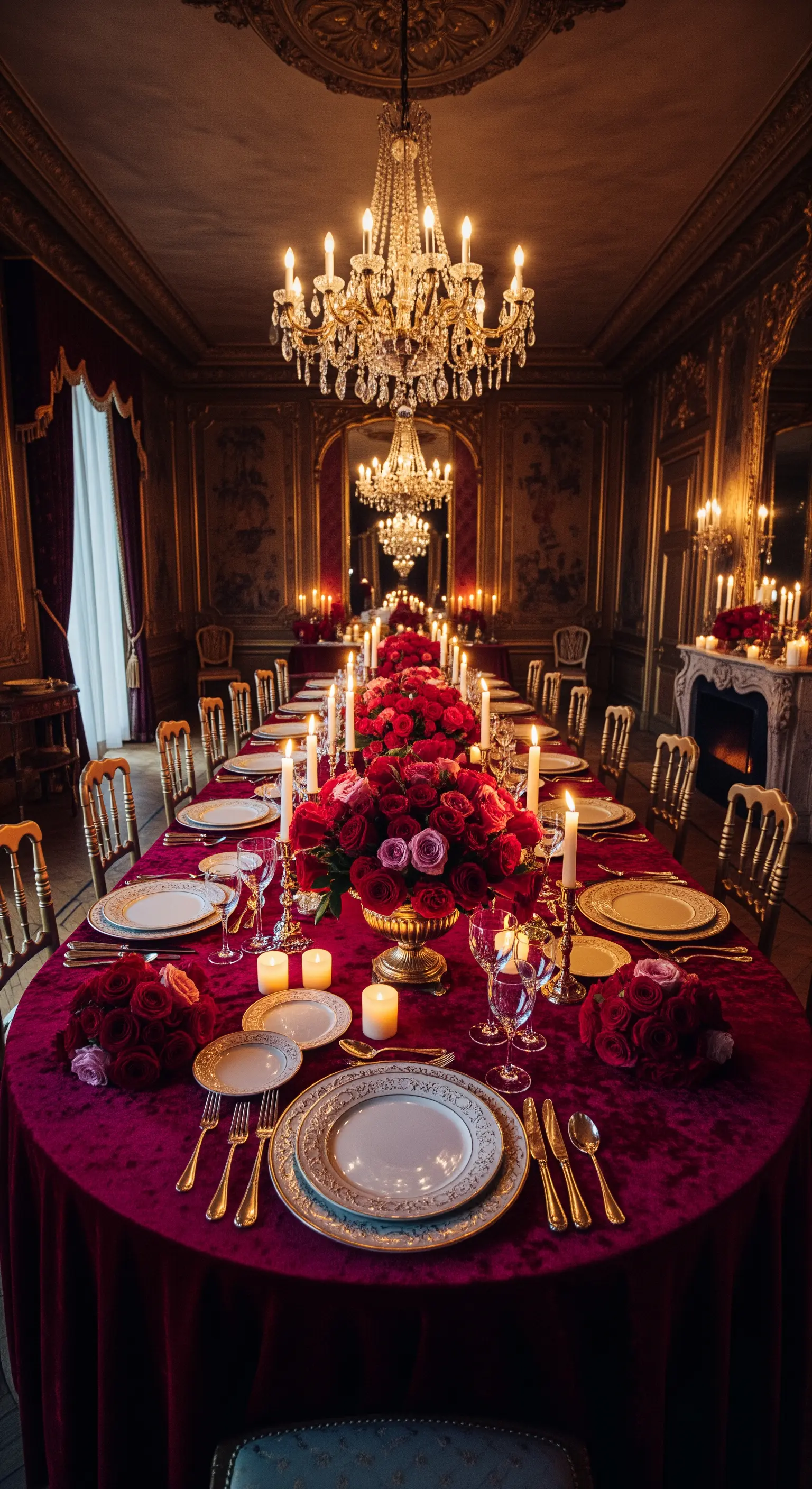 Lunga tavola imperiale con tovaglia in velluto rosso, candelabri, piatti dorati e centrotavola di rose.