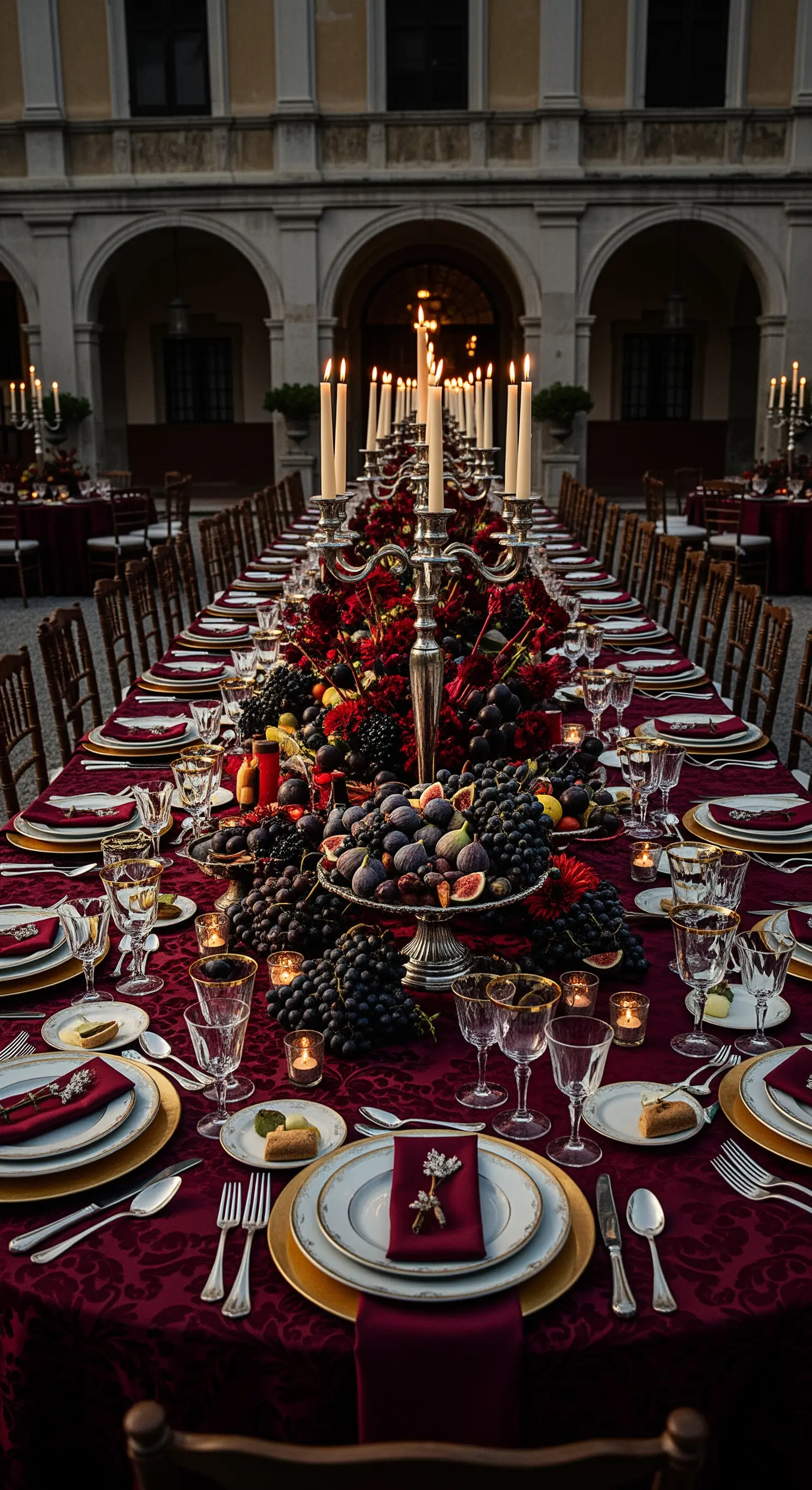 Lunga tavolata imperiale con tovaglia bordeaux, candelabri e frutta scura.