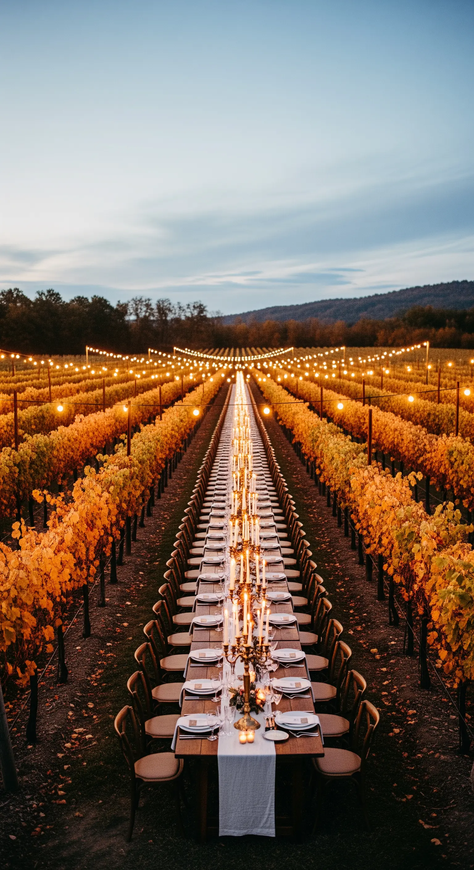 Lungo tavolo imperiale allestito tra i filari di una vigna autunnale, illuminato da luci e candele.