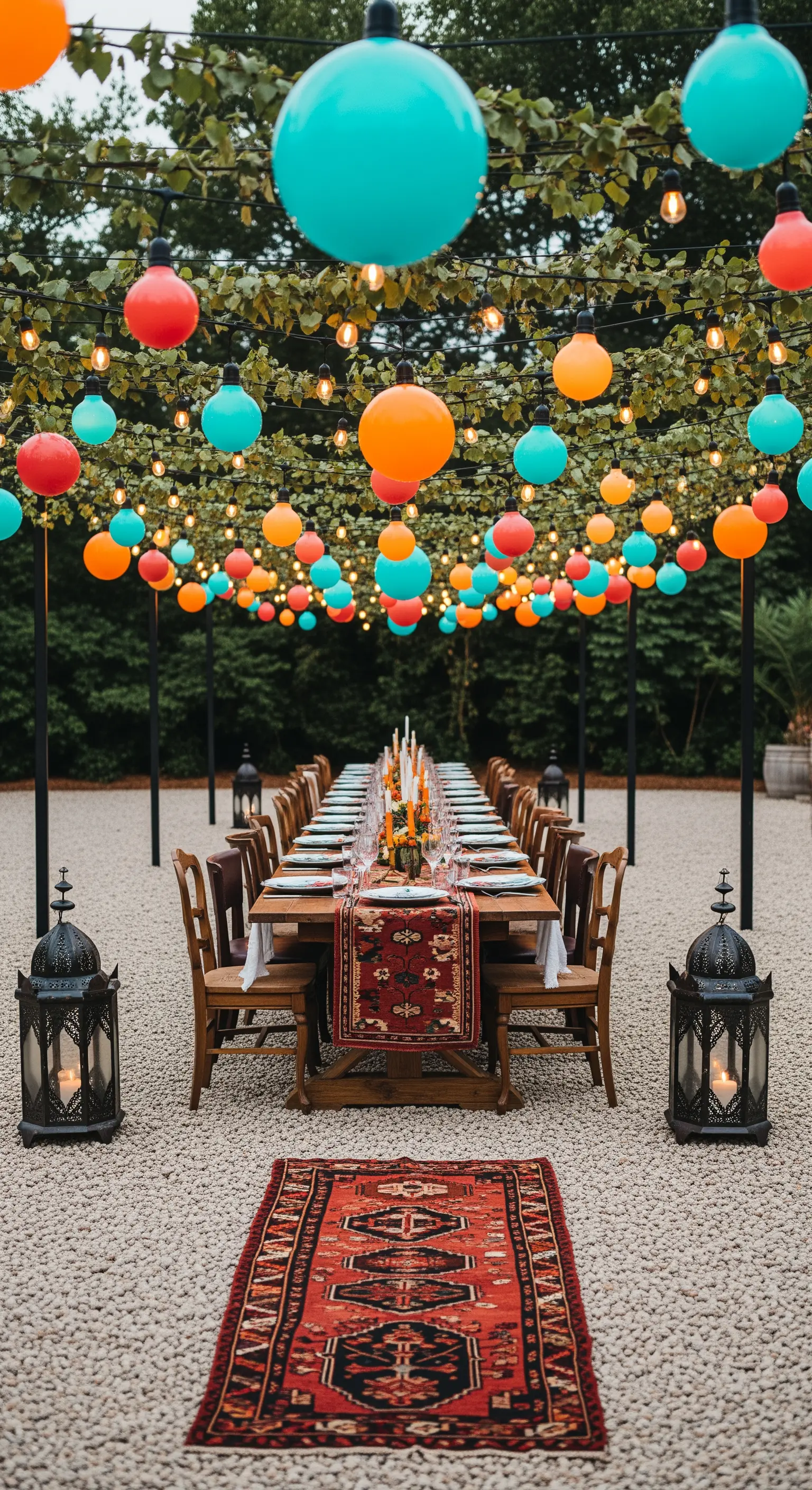 Tavolata all'aperto sotto un pergolato di luci e lanterne sferiche colorate.