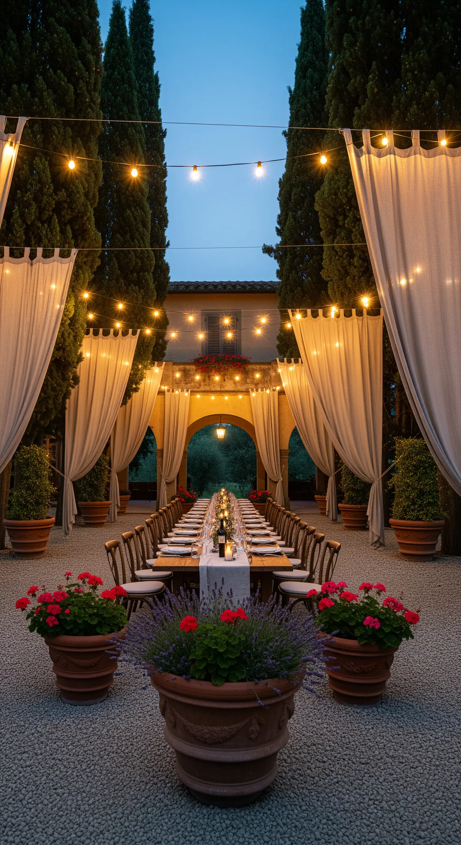 Lungo tavolo da pranzo all'aperto incorniciato da tende color crema e fili di luci calde.