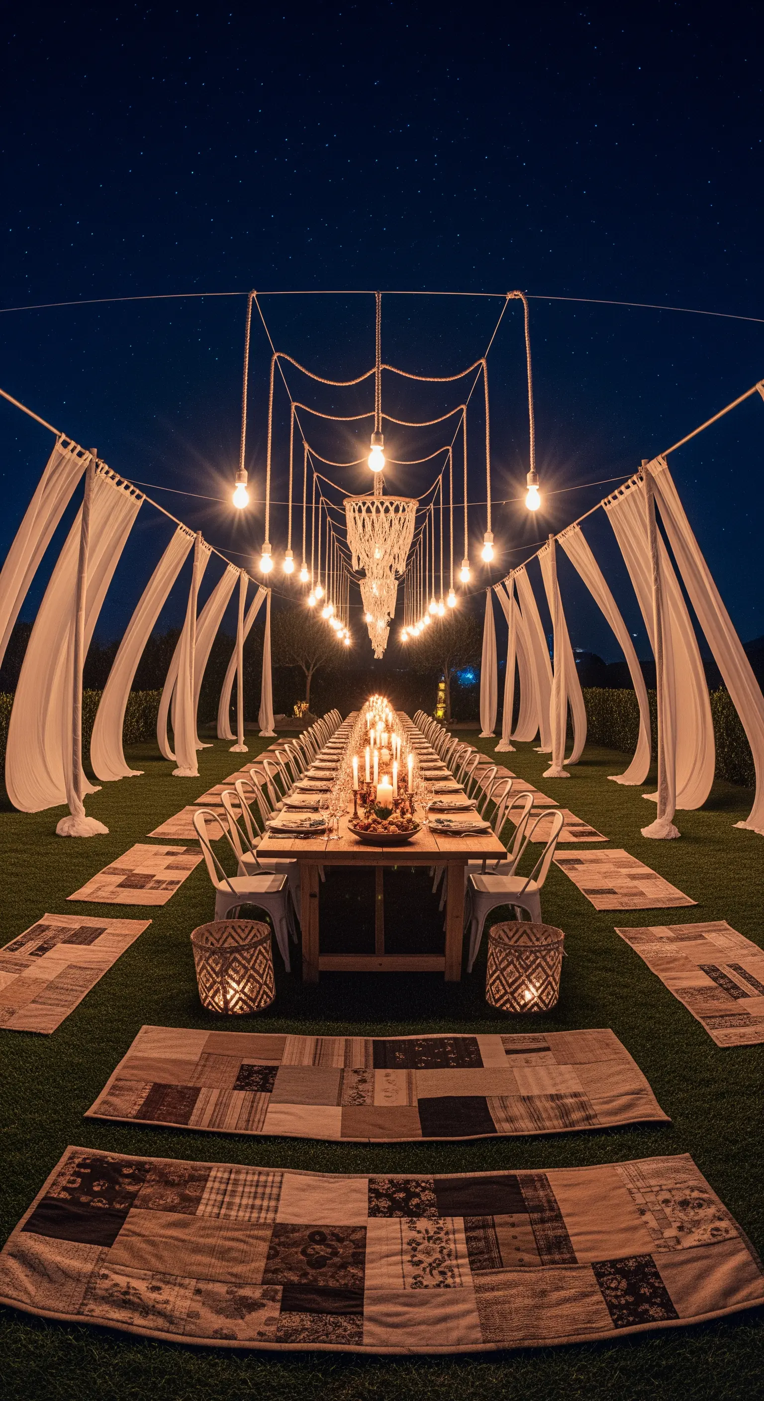 Lunga tavolata all'aperto illuminata da un lampadario e fili di luci, con tappeti individuali.
