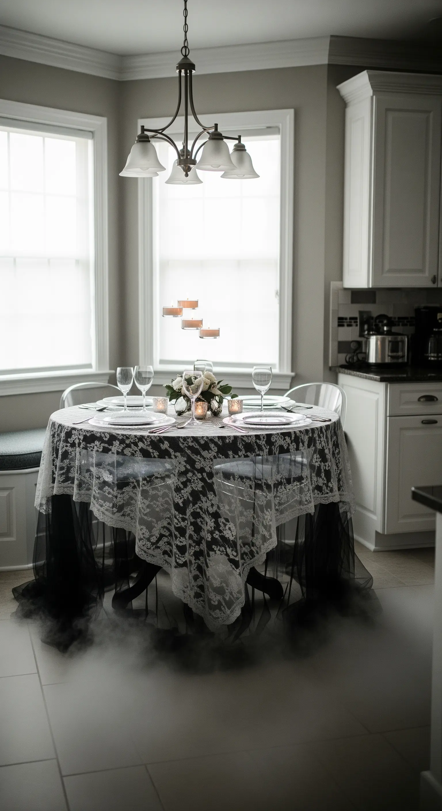 Tavola apparecchiata con tovaglia di pizzo bianco su nero e fumo basso che la avvolge.