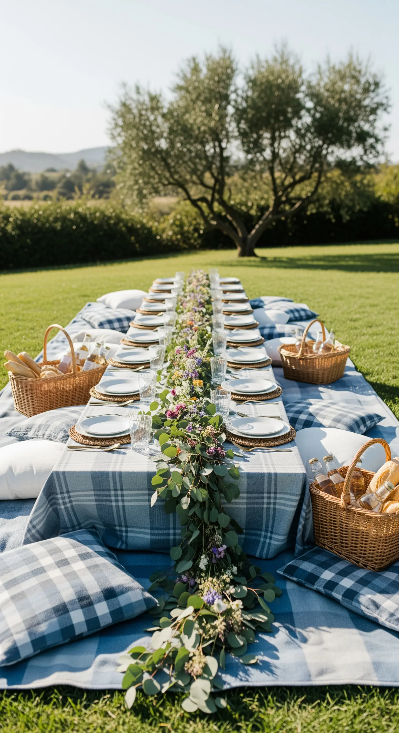 Lunga tavolata per picnic di gruppo con runner di eucalipto e cuscini a terra