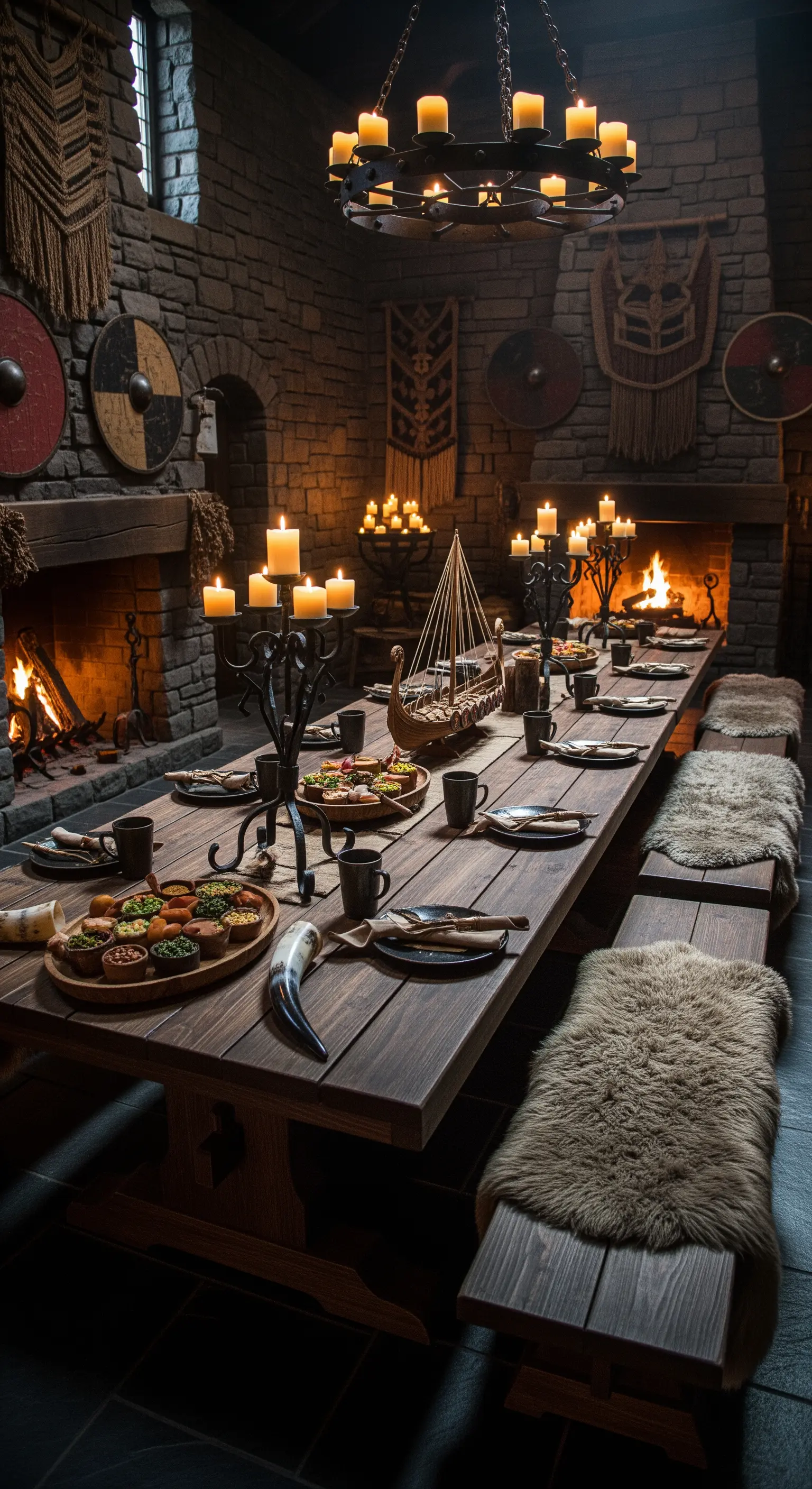 Tavola da banchetto in stile vichingo con candelabri, pellicce e un lungo tavolo in legno.