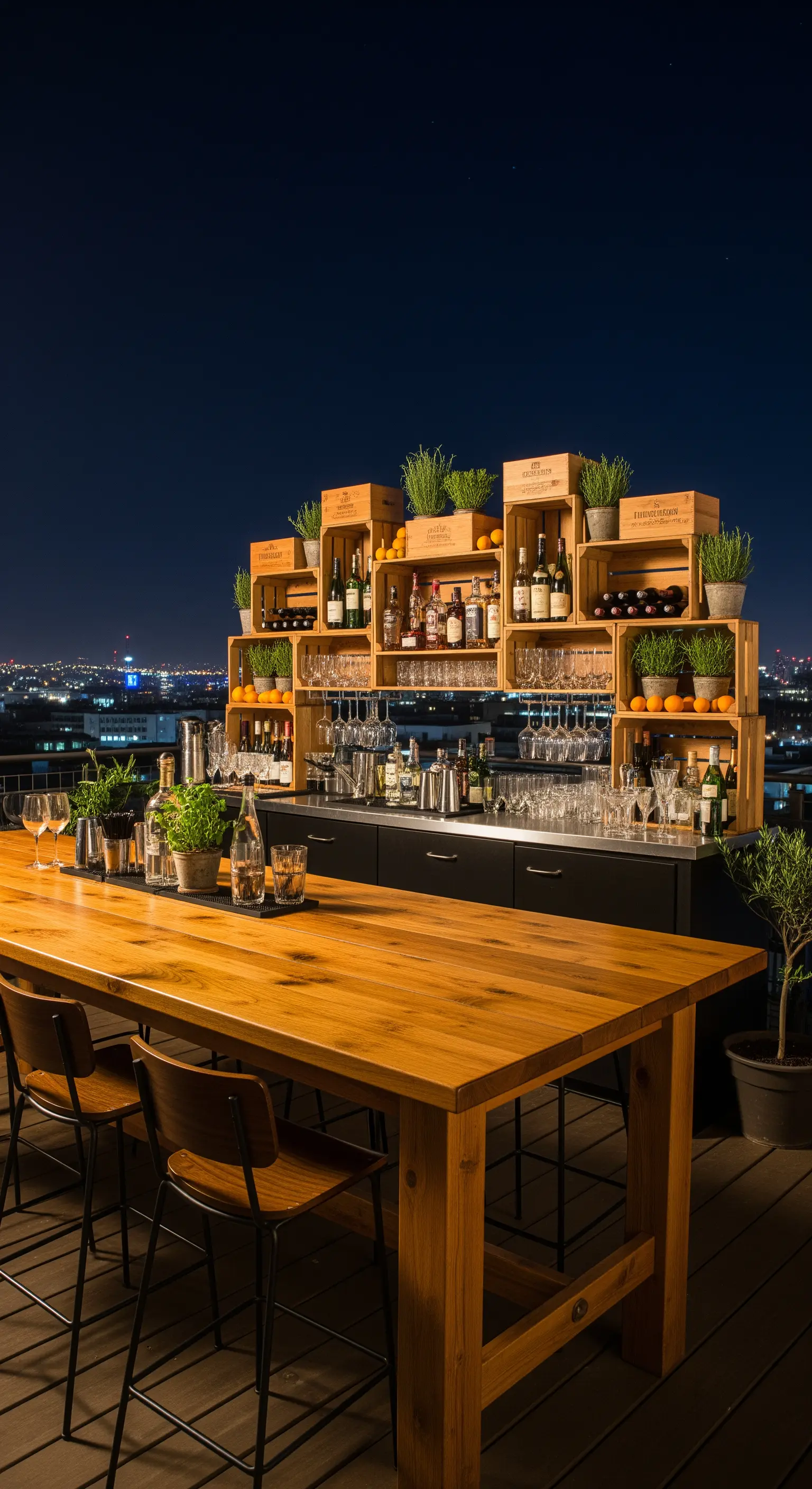 Angolo bar su una terrazza con una parete di cassette di legno per esporre bottiglie e piante