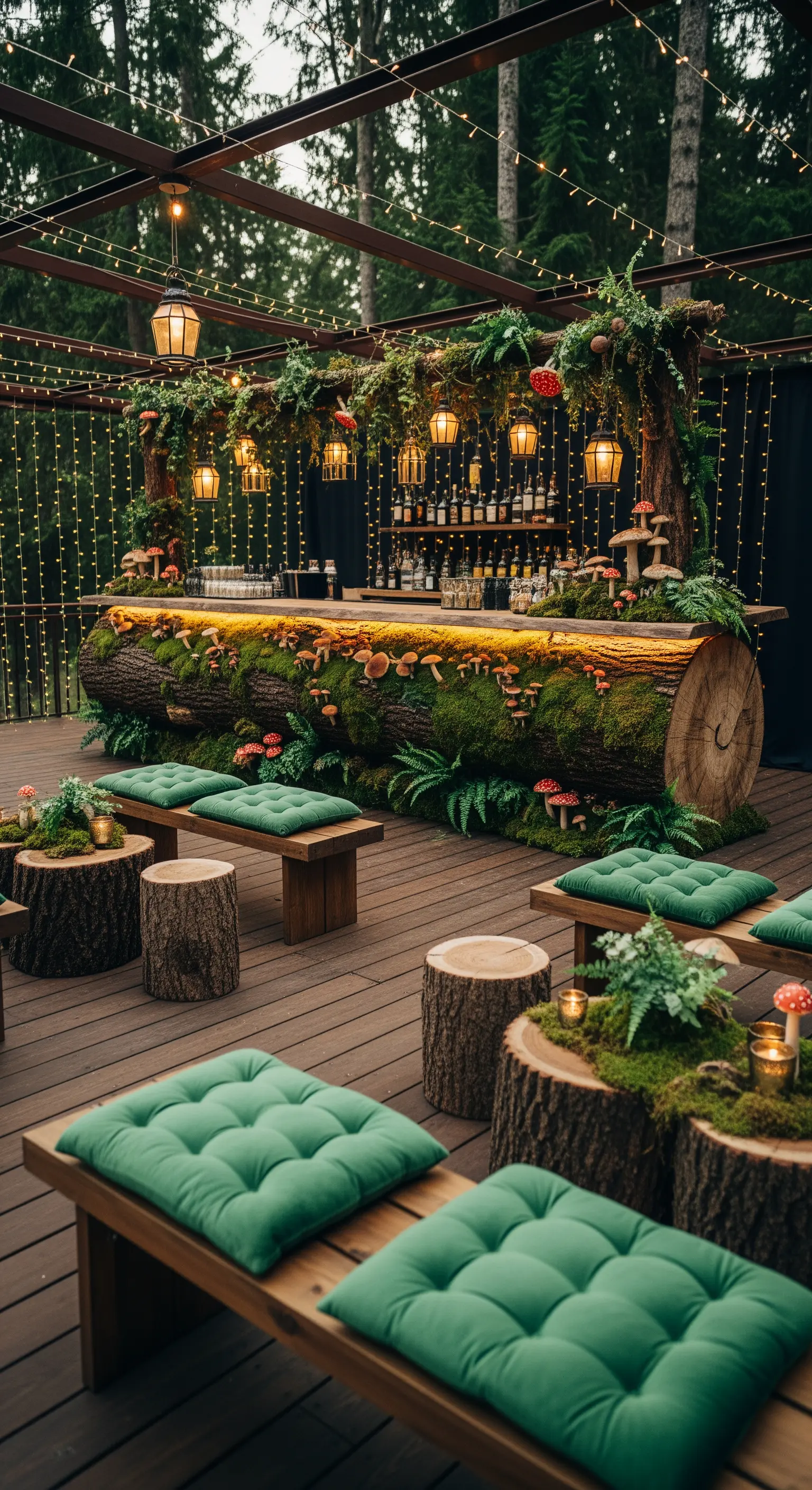 Bar a forma di tronco d'albero in un allestimento a tema bosco con muschio e lanterne.