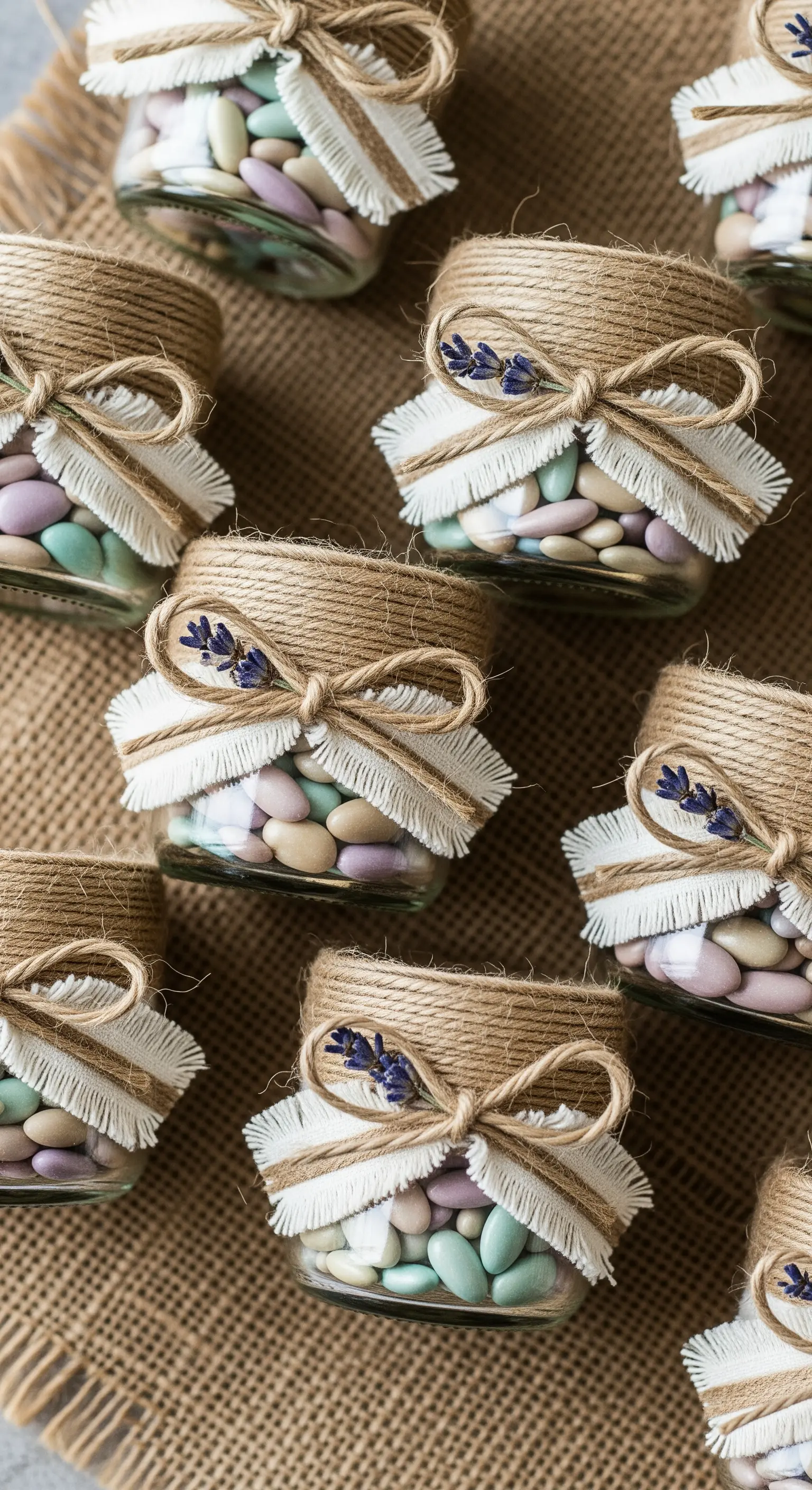 Vasetti di vetro con confetti, avvolti in iuta e decorati con lavanda.