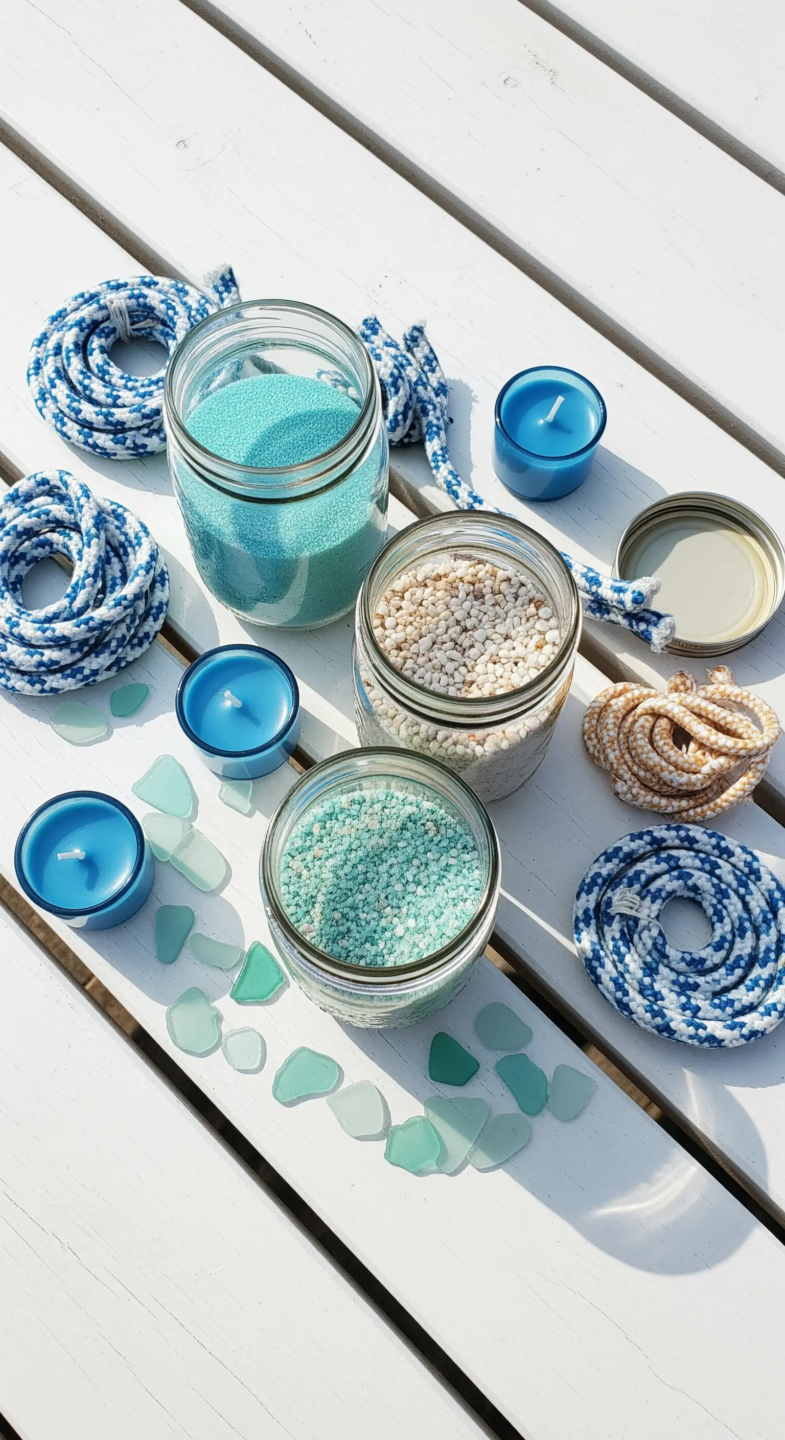 Barattoli di vetro con sabbia colorata, candele blu, corda nautica e vetri di mare su tavolo bianco.