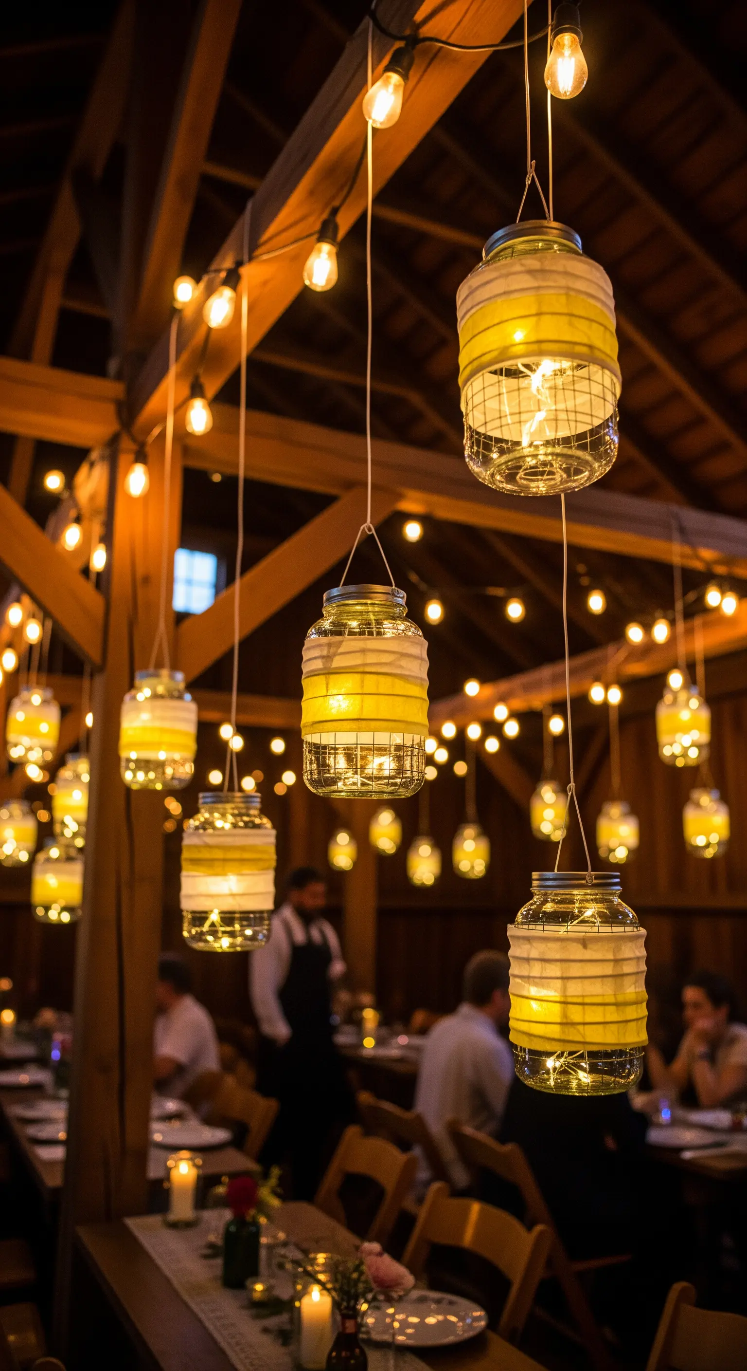 Lanterne realizzate con barattoli di vetro e carta gialla, appese in un ambiente rustico in legno.