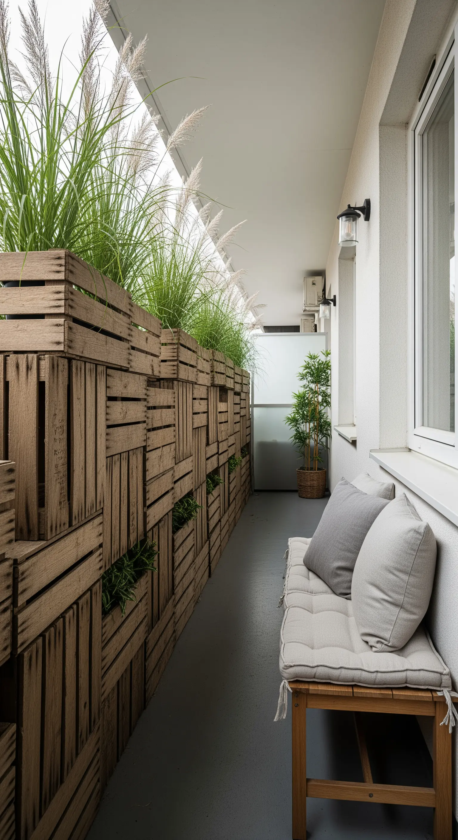 Lungo balcone con una parete divisoria creata da cassette di legno impilate e piante alte.