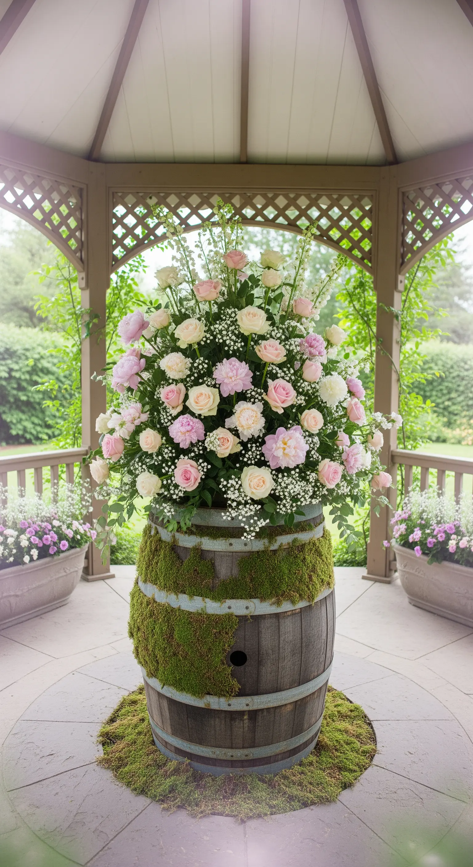 Botte di vino invecchiata e ricoperta di muschio, usata come piedistallo per fiori a un matrimonio.