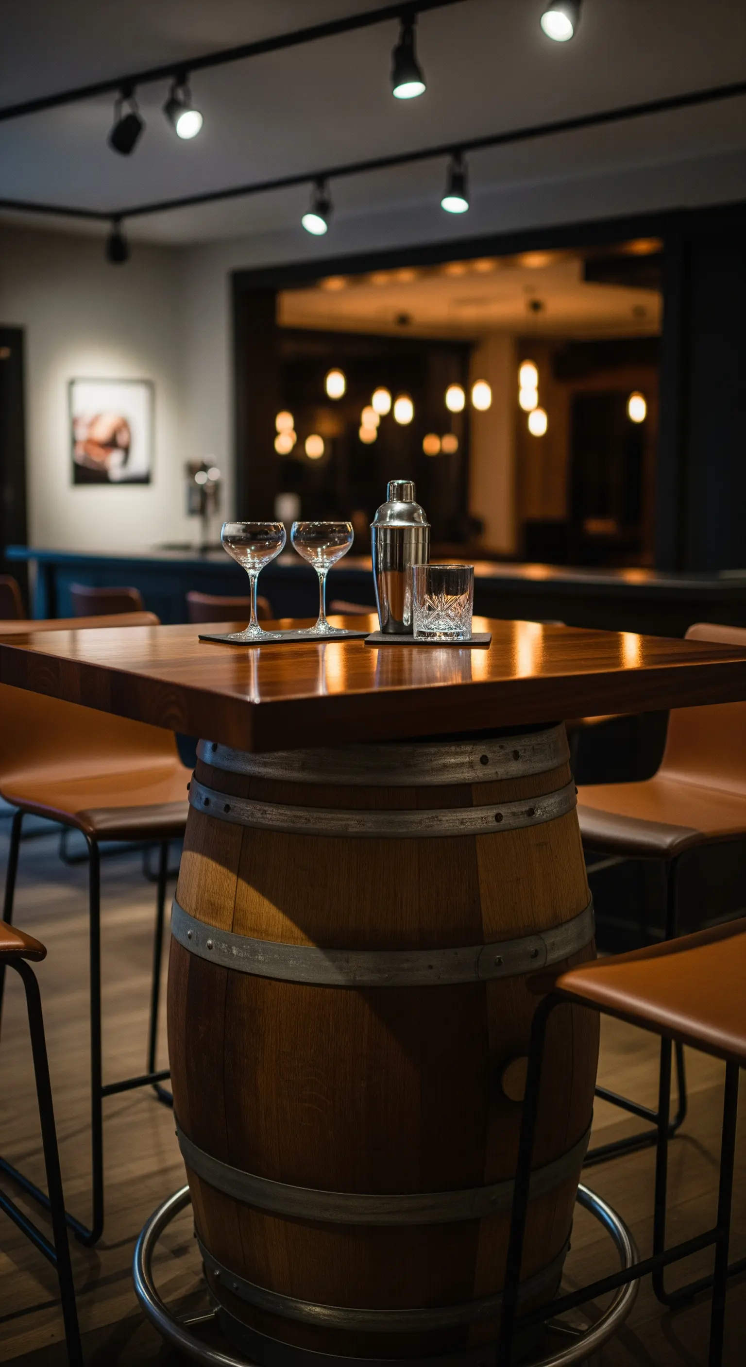 Tavolo alto da bar con base in botte di rovere e piano in legno massiccio.