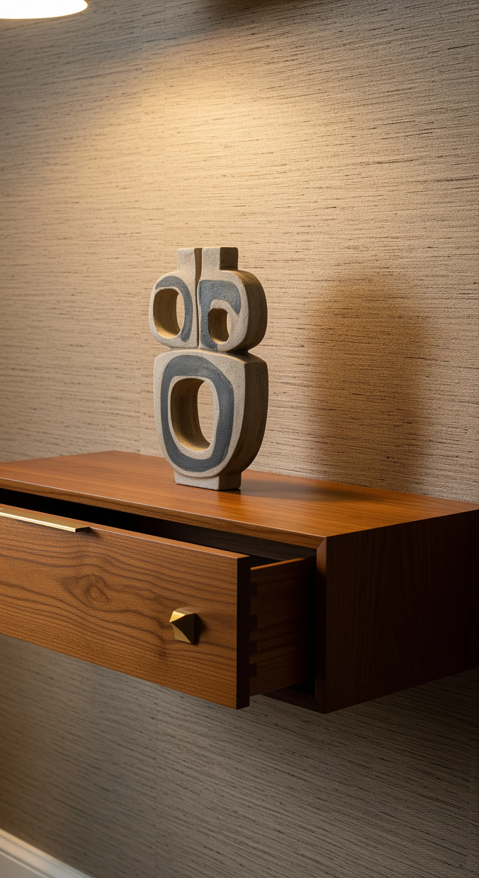 Mensola a cassetto in legno di noce, con sopra una scultura moderna in ceramica.