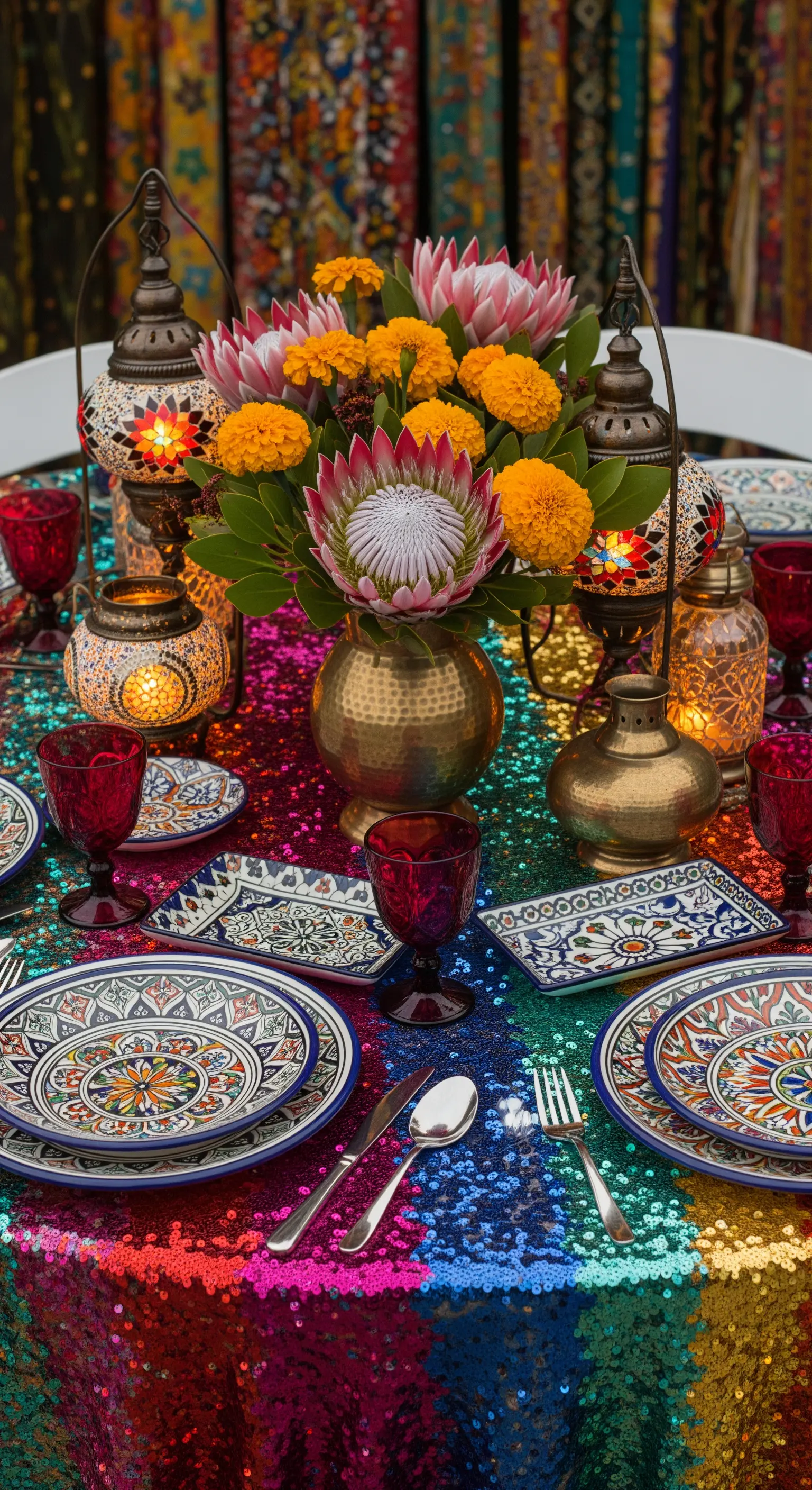 Tavola esotica con tovaglia di paillettes colorate, piatti decorati, lanterne marocchine e fiori di protea.