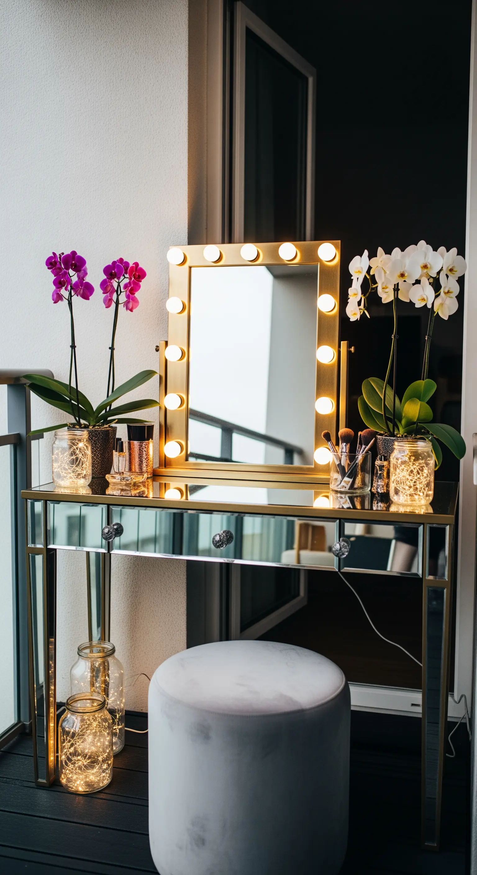 Postazione trucco su un balcone, con specchio illuminato, consolle a specchio e orchidee