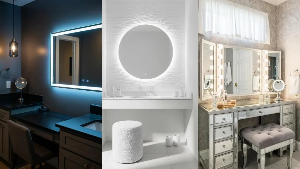 Tre beauty corner integrati in bagni moderni, con scrivanie beauty eleganti e specchi illuminati per il trucco.