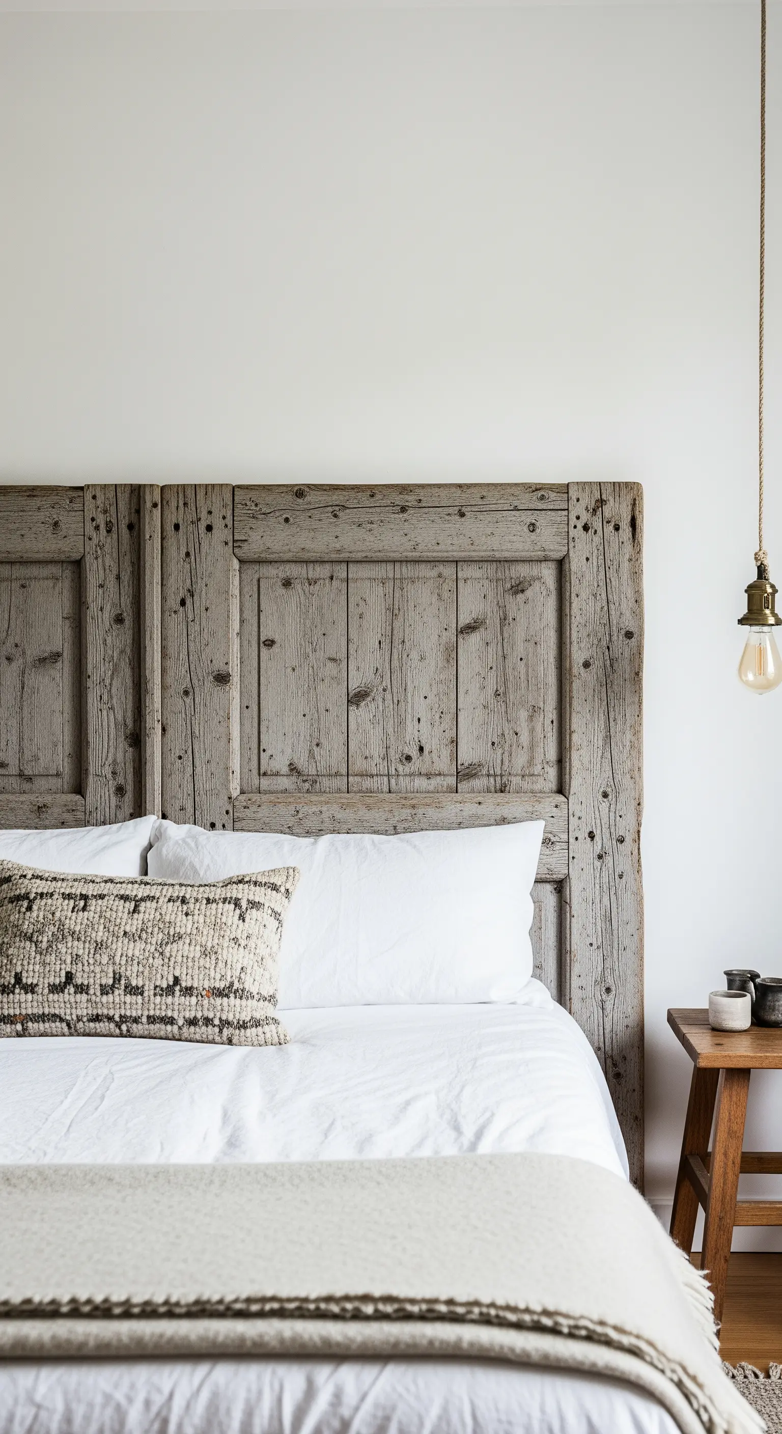 Testiera realizzata con una porta in legno grezzo, molto invecchiata e non verniciata.