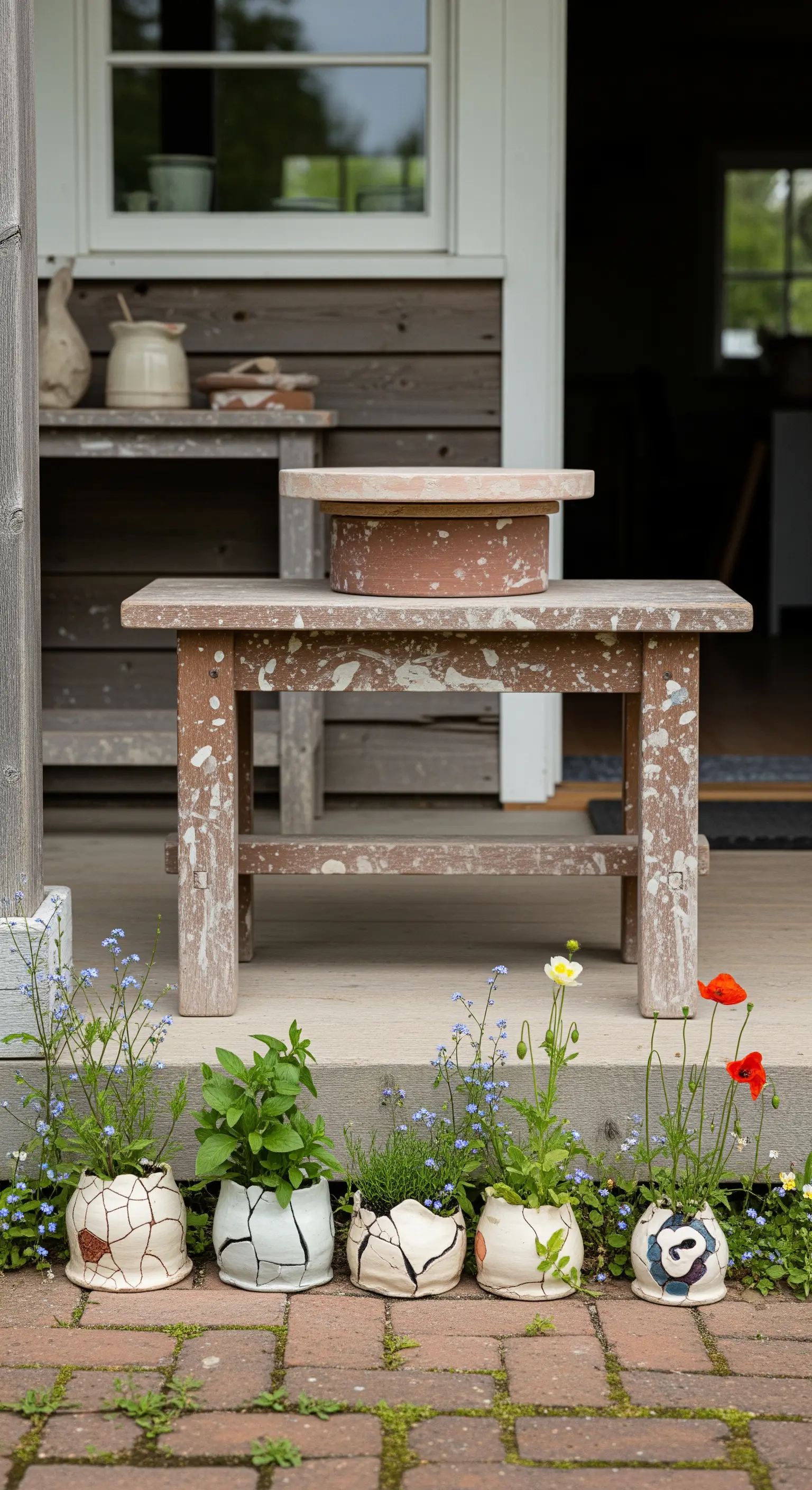 Veranda rustica con sgabello in legno e una fila di vasi in ceramica rotta in stile Kintsugi.
