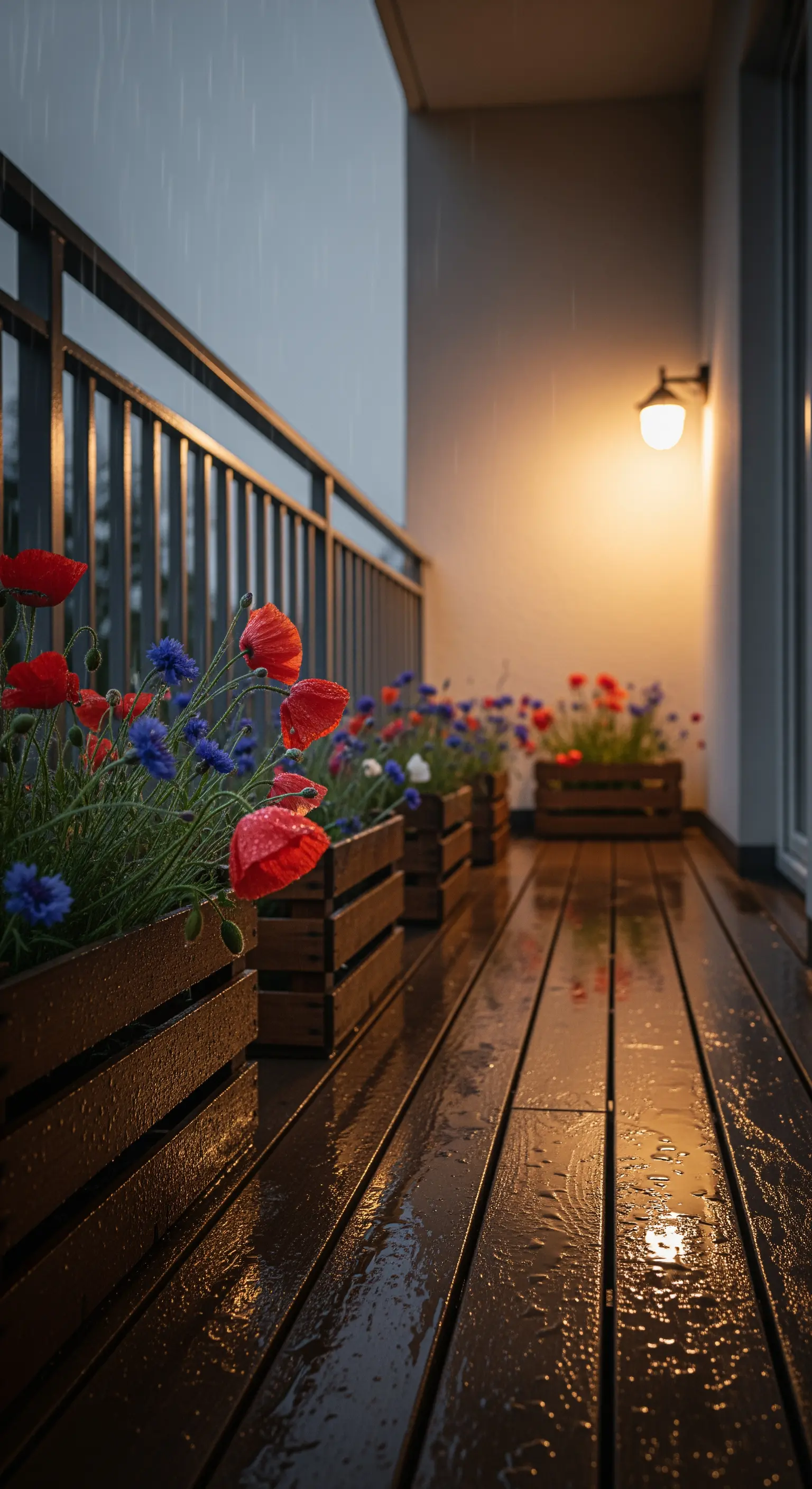 Fiori di papavero e fiordaliso in cassette di legno su un balcone bagnato dalla pioggia.