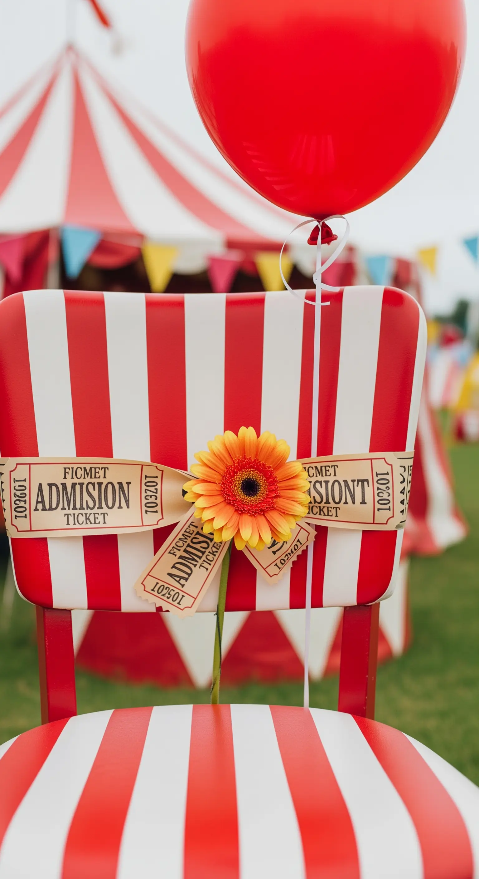 Sedia a righe bianche e rosse decorata con biglietti del circo e un fiore arancione.