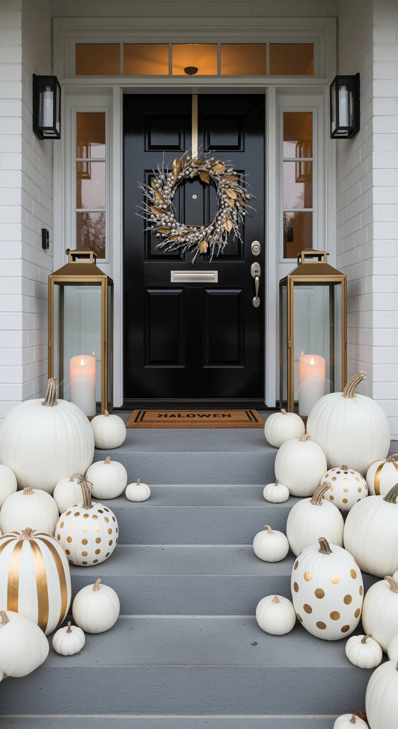 Ingresso con porta nera e cascata di zucche bianche e oro