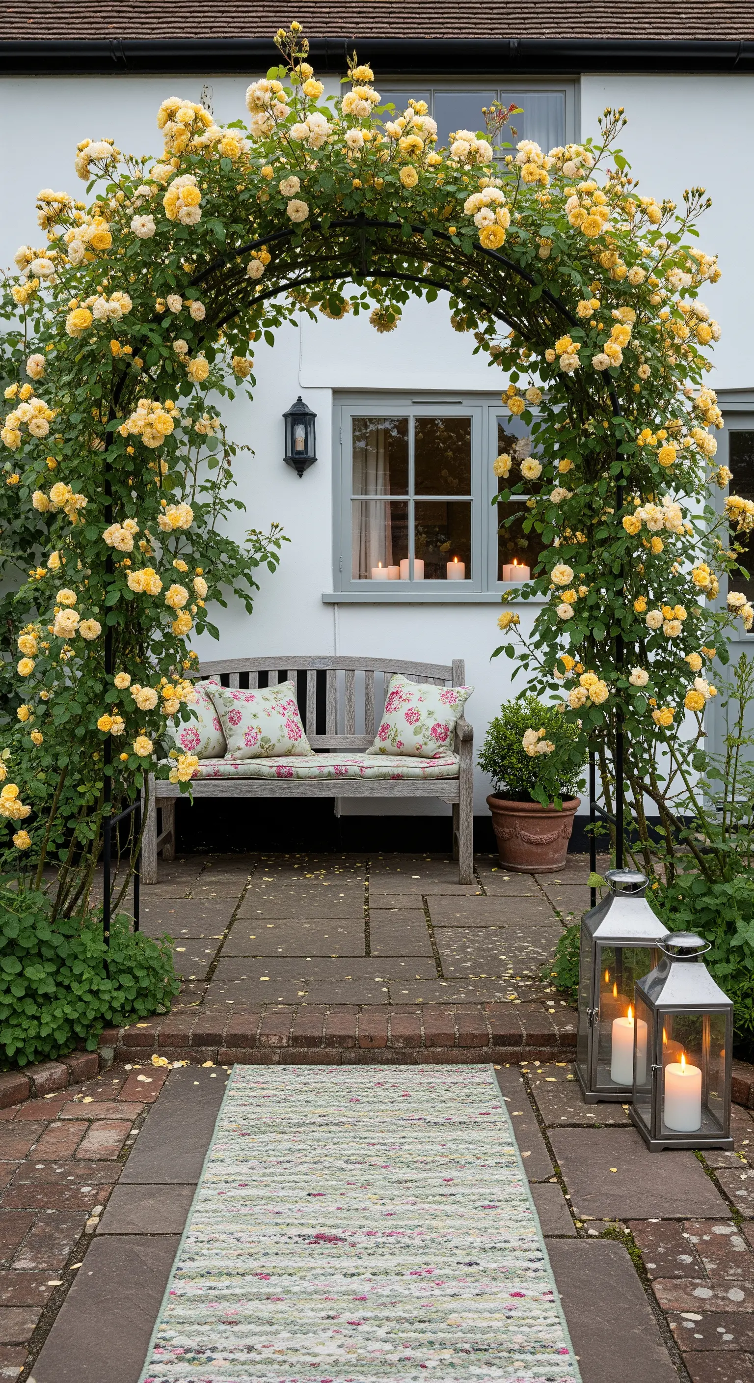 Ingresso di un cottage con arco in metallo nero ricoperto di rose gialle e una panca in legno.
