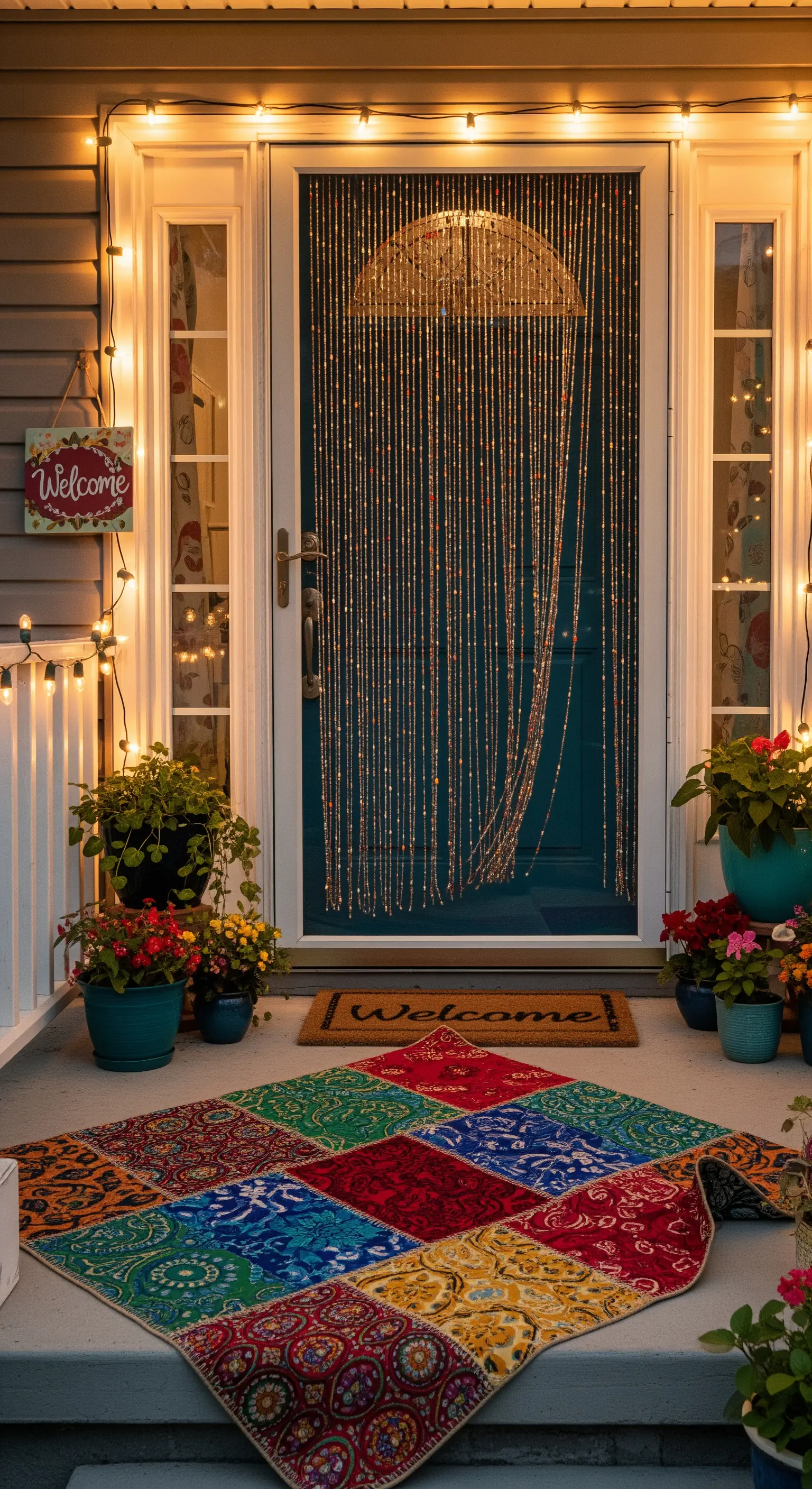 Ingresso di casa con un vivace tappeto patchwork, tenda di perline e vasi di fiori.